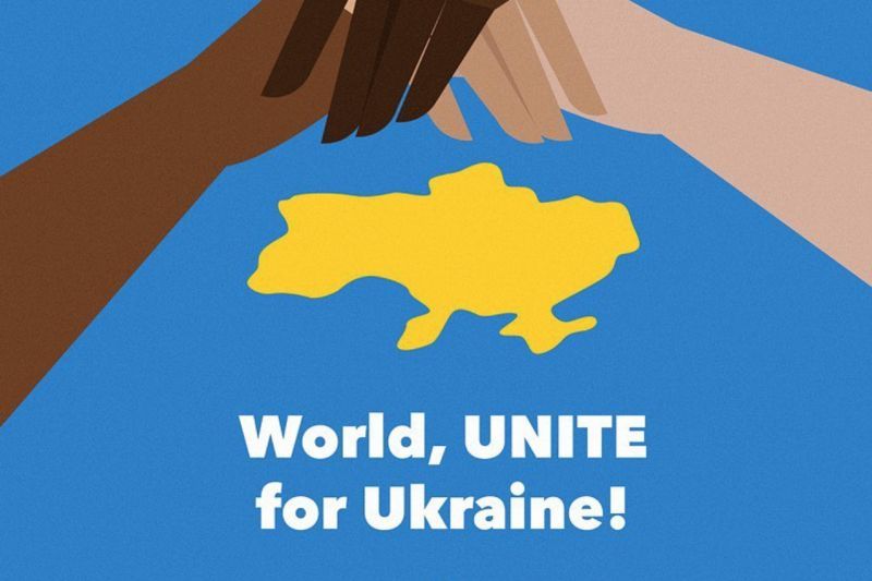 Graphic art depicting racially diverse hands coming together over the shape of Ukraine with text reading "World, UNITE for Ukraine!" 