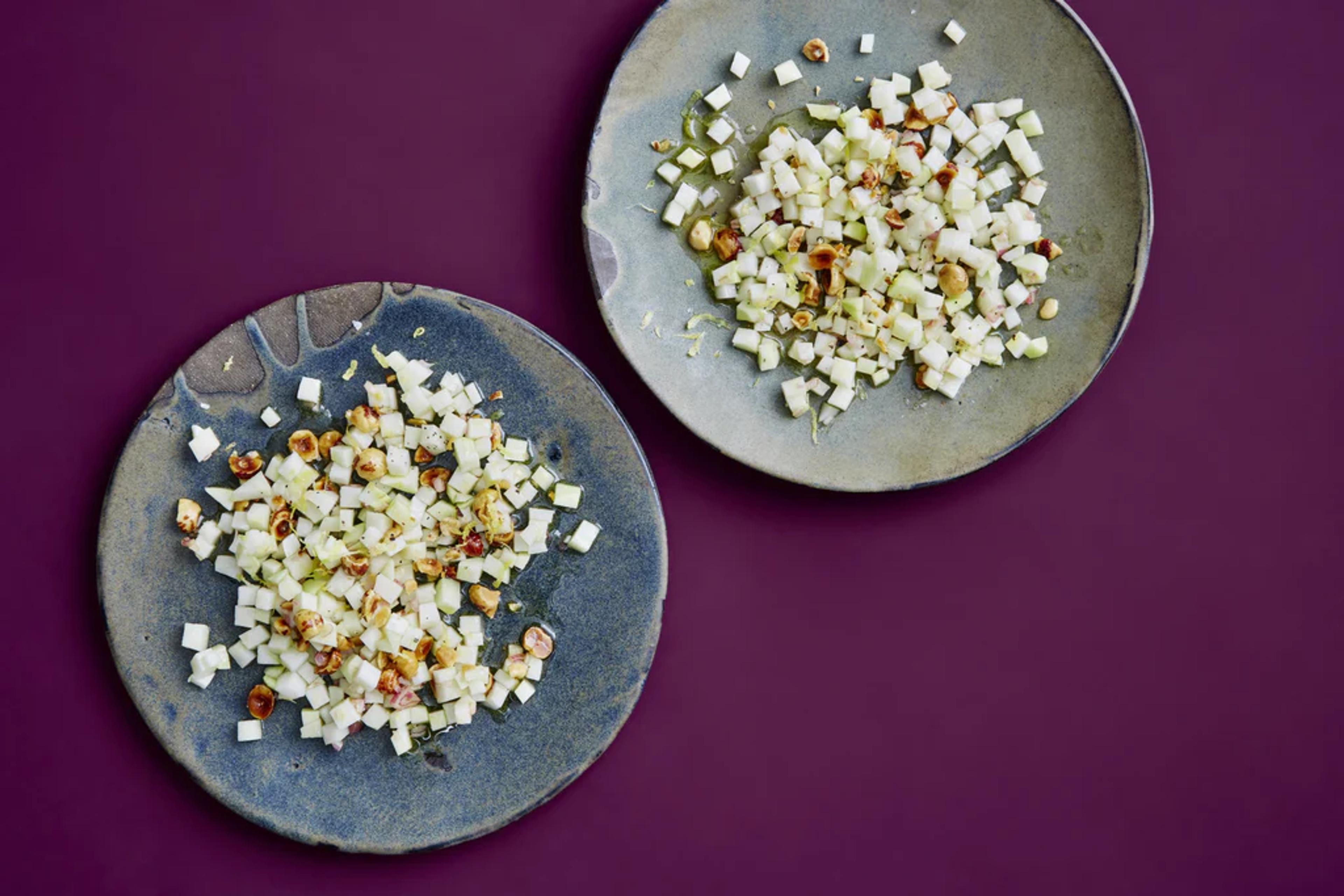 Green Kohlrabi with Toasted Hazelnuts, Lemon Zest, and Rosé Wine Vinaigrette