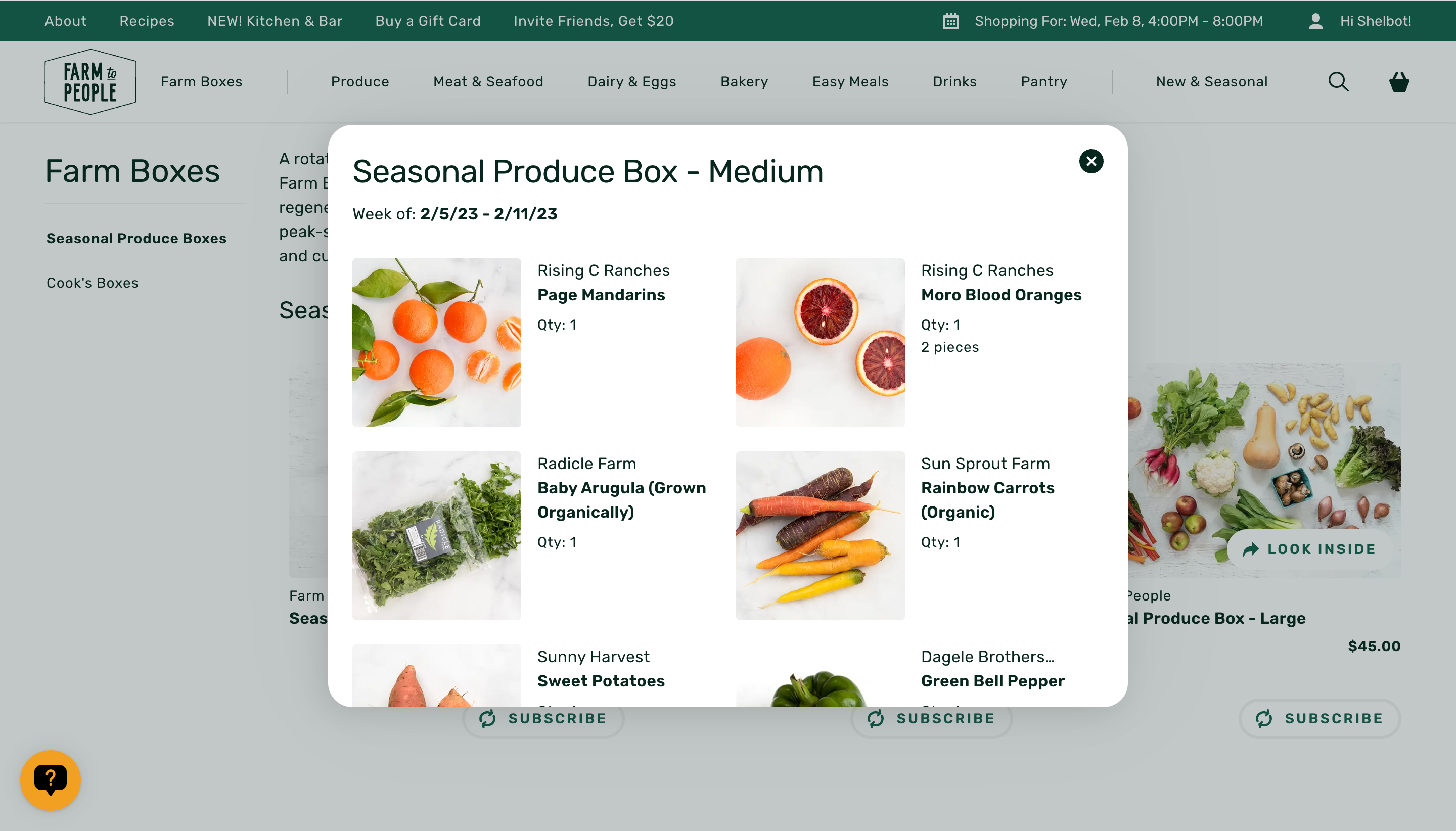 A screenshot of a webpage displaying fresh fruit and vegetables for sale
