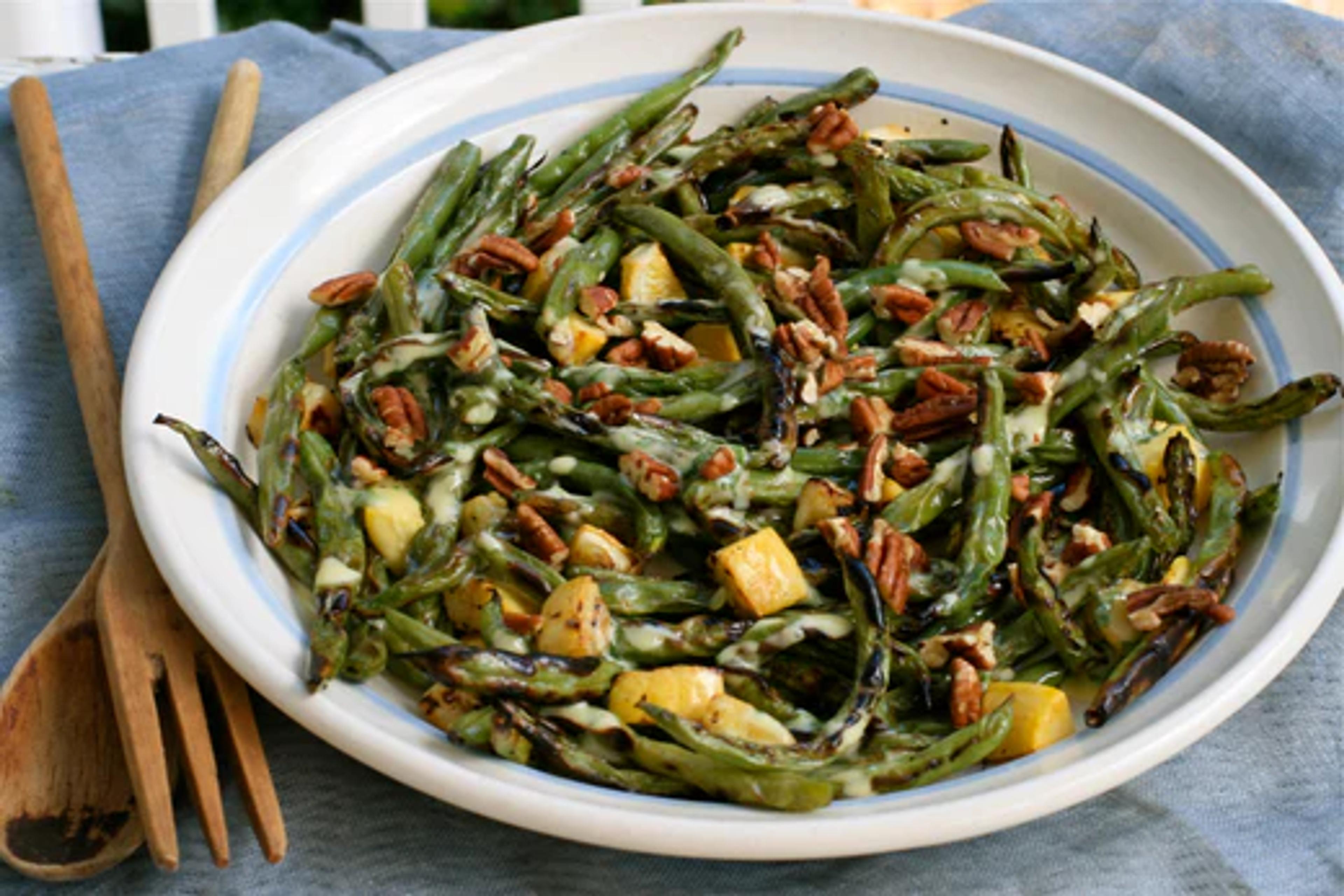 Charred Green Bean Salad with Vegan Aioli and Pecans