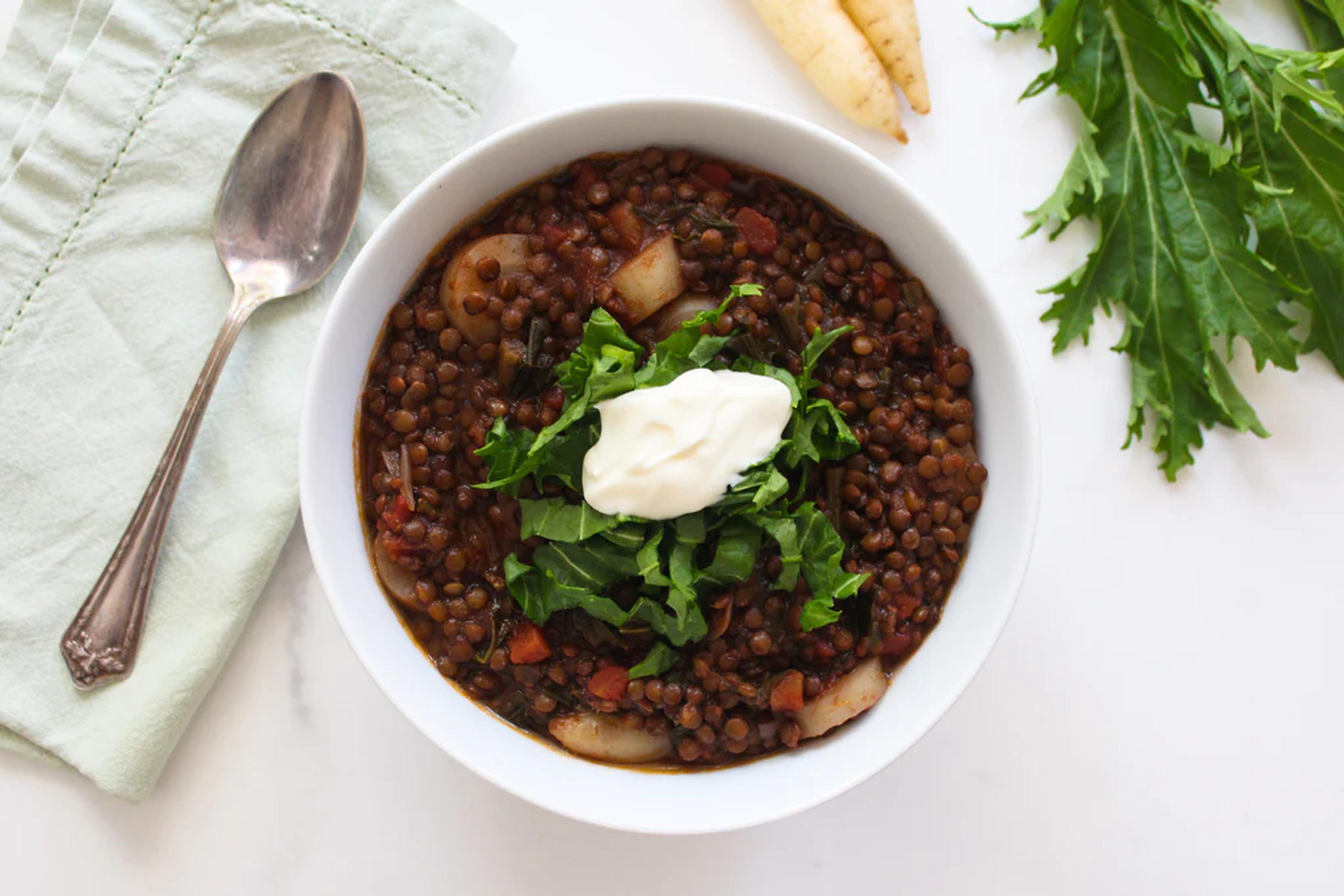 Lentil Chili with Carrots and Dandelion Greens