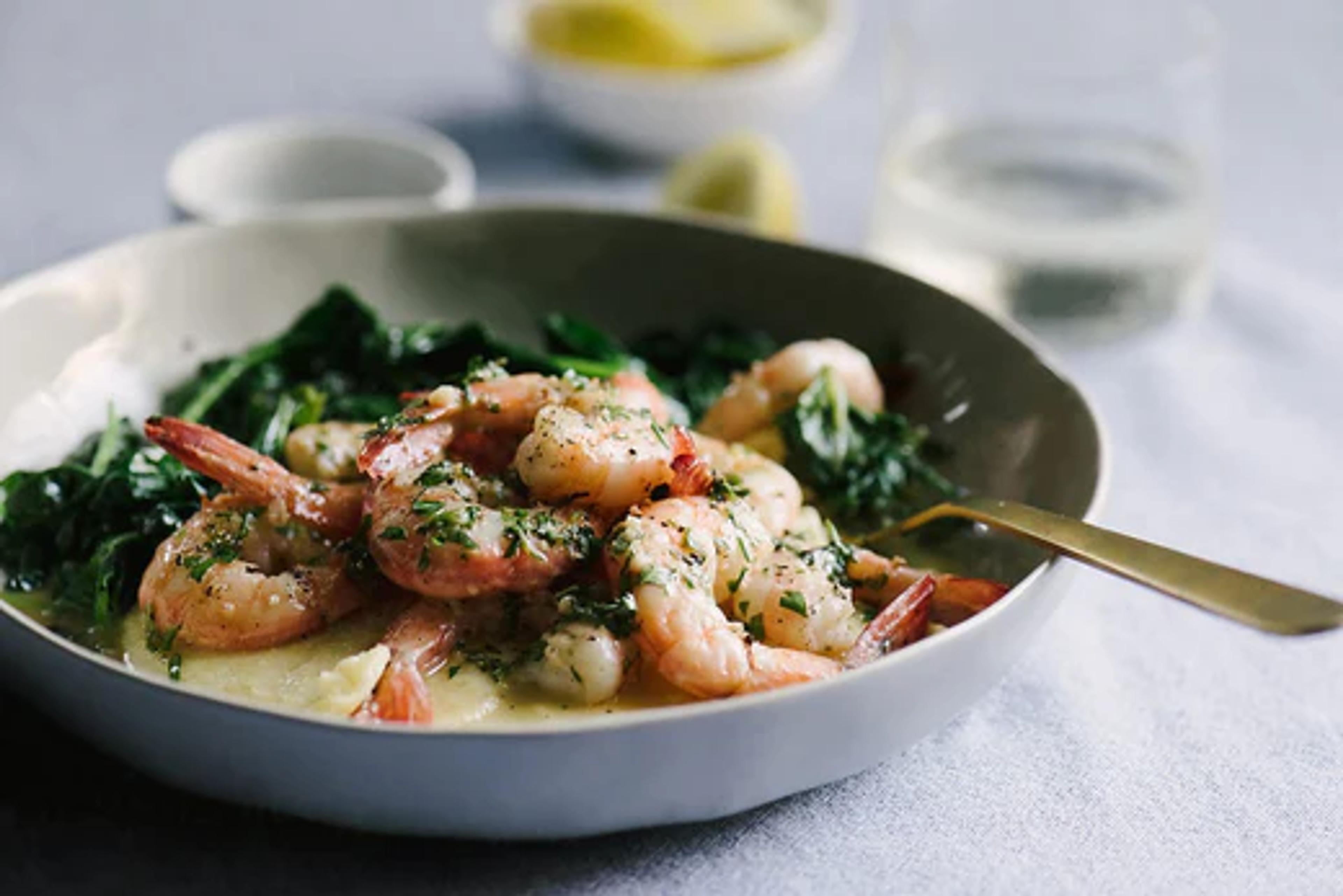 Garlicky Shrimp with Cauliflower Mash and Tatsoi