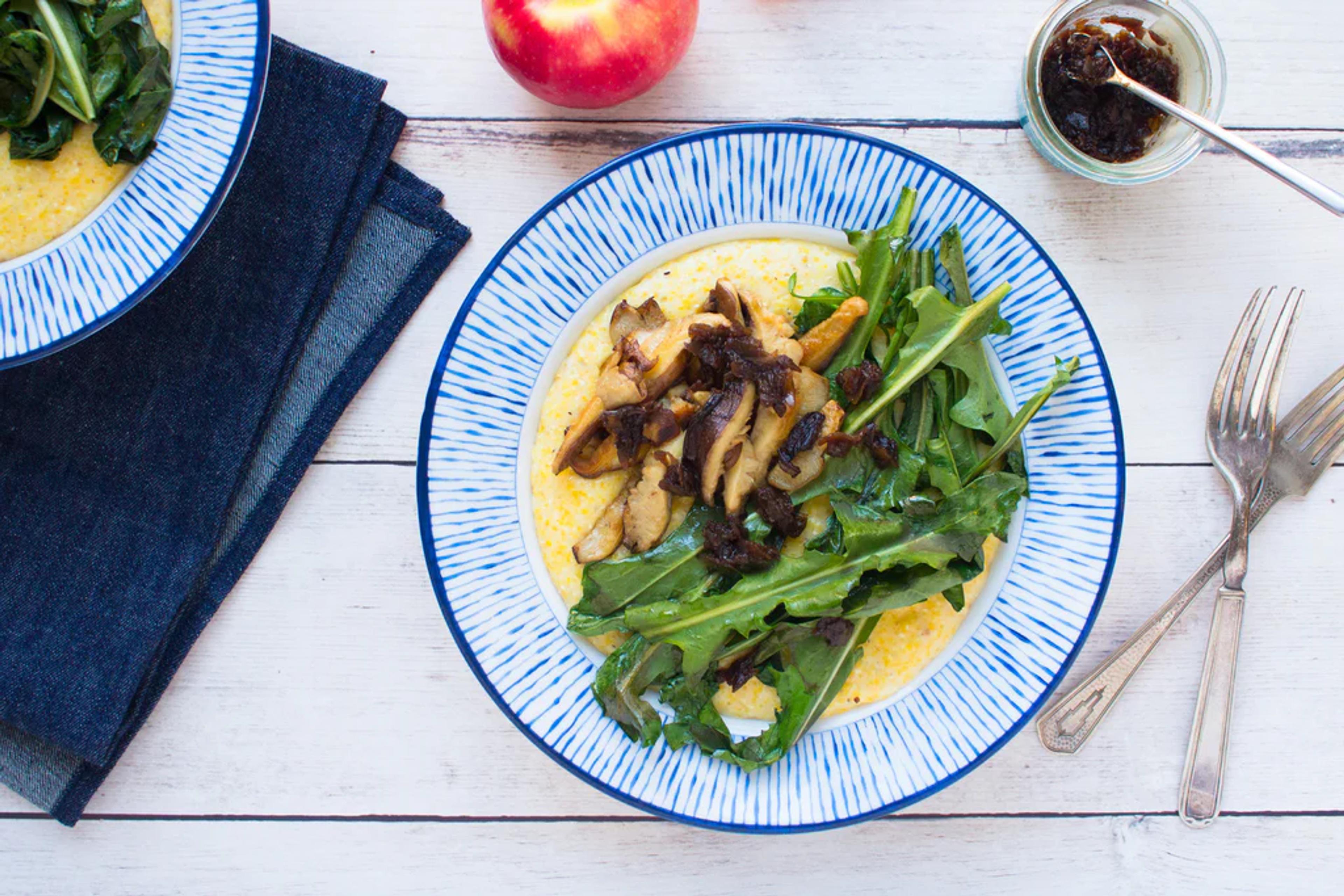 Polenta with Caramelized Balsamic Onions, Maitakes, and Dandelion Greens