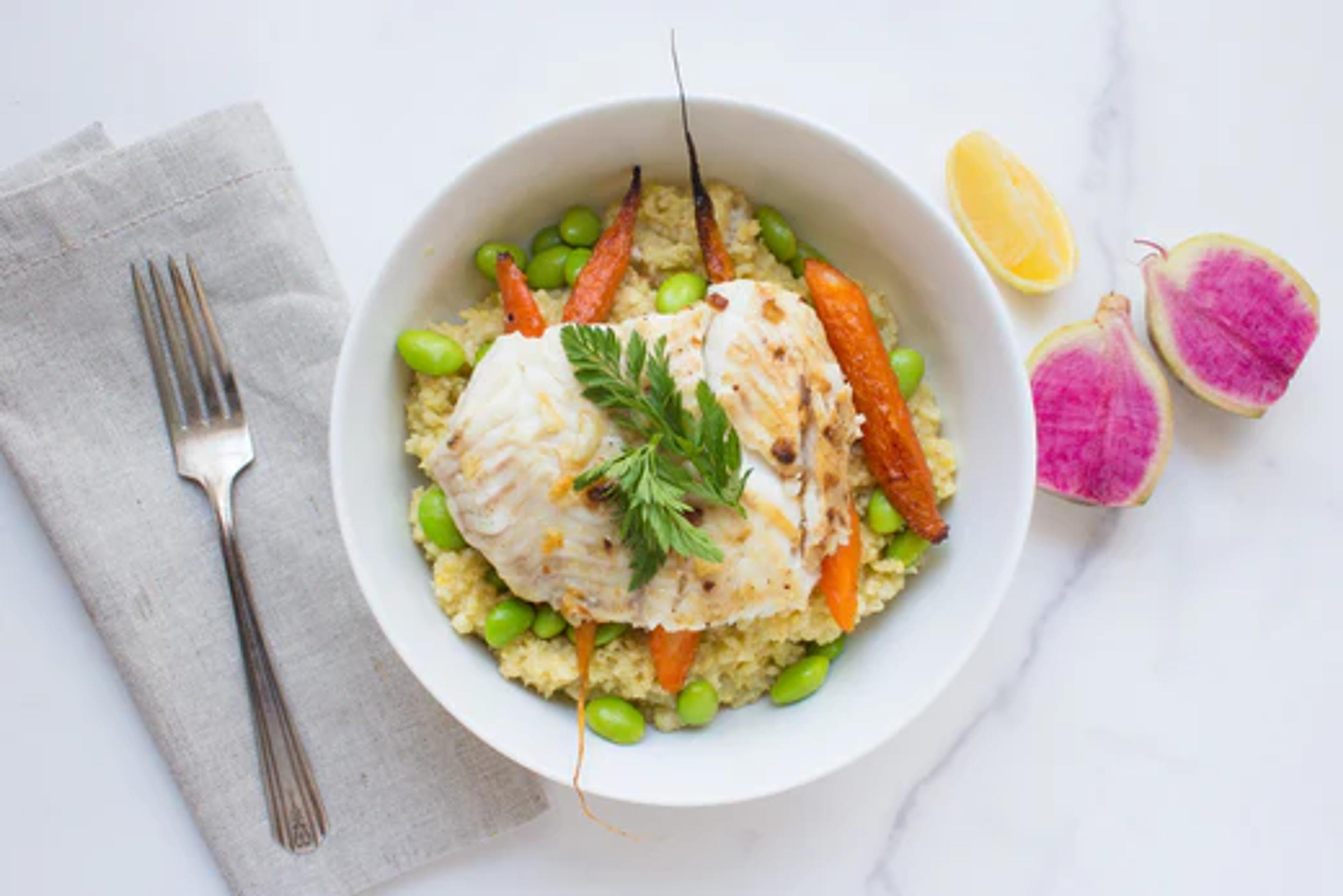 Ginger Bathed Dover Sole with Roasted Carrots and Millet