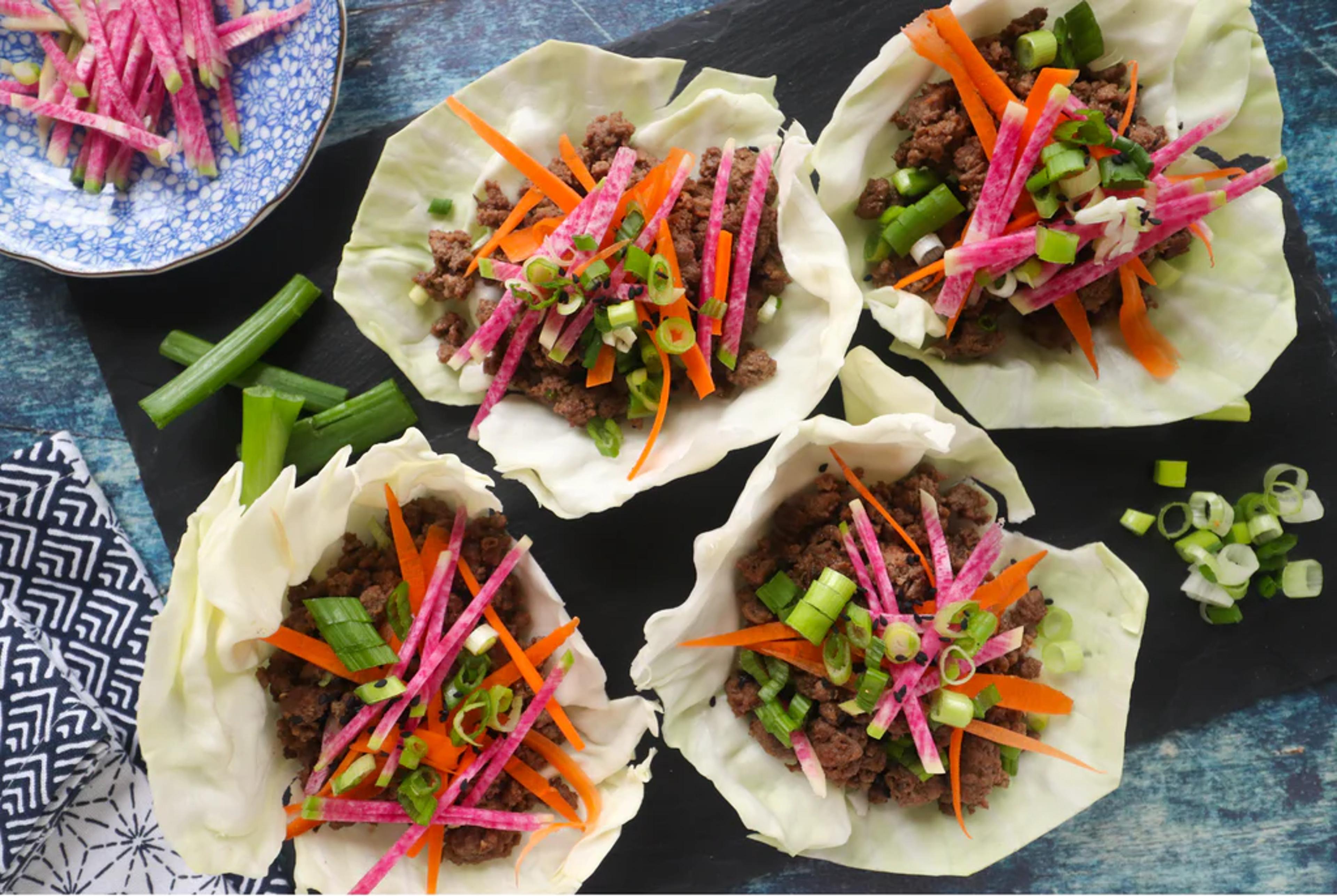 Pork Cabbage Cups with Carrot and Purple Daikon