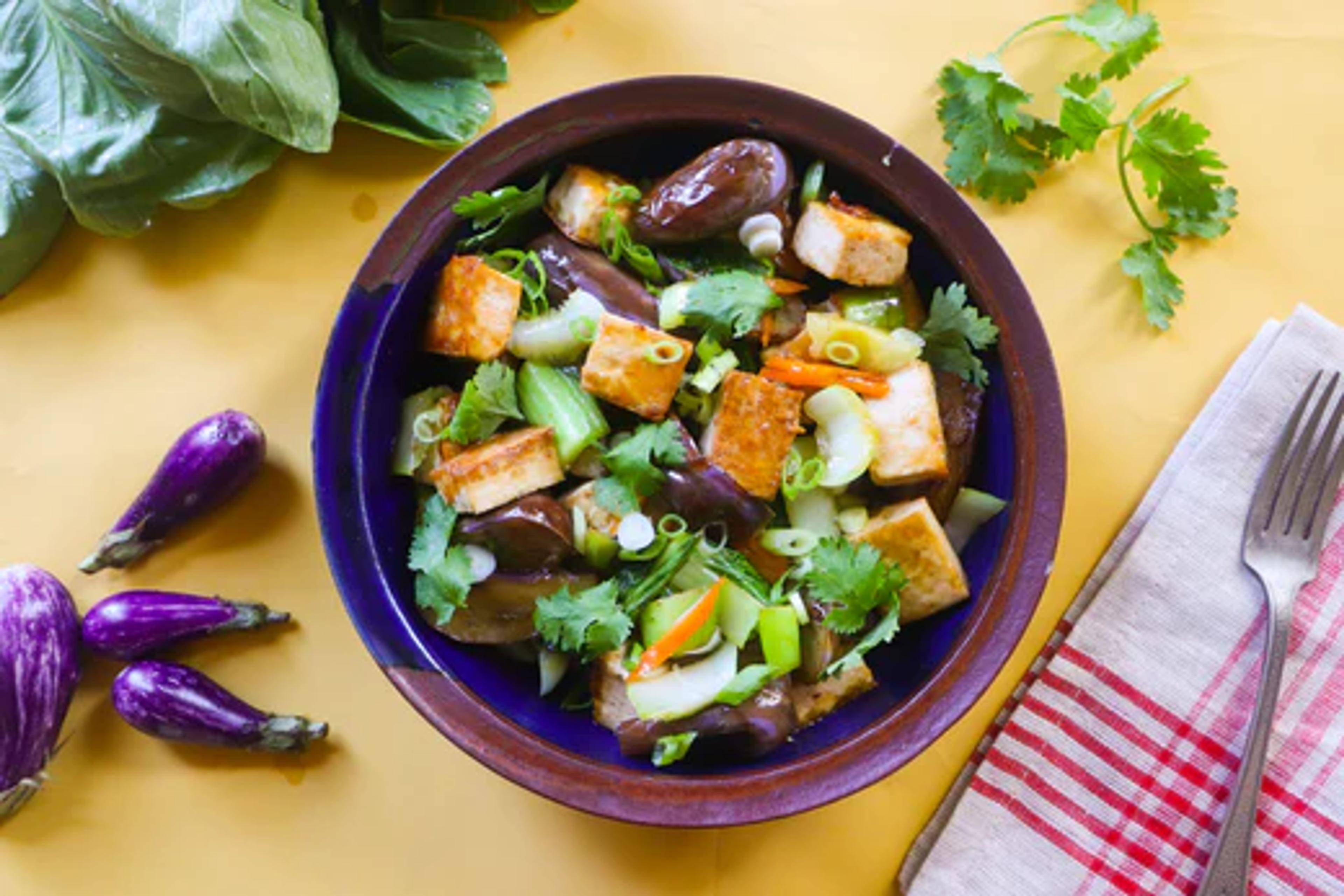 Glazed Fairytale Eggplant and Baby Bok Choy with Tofu