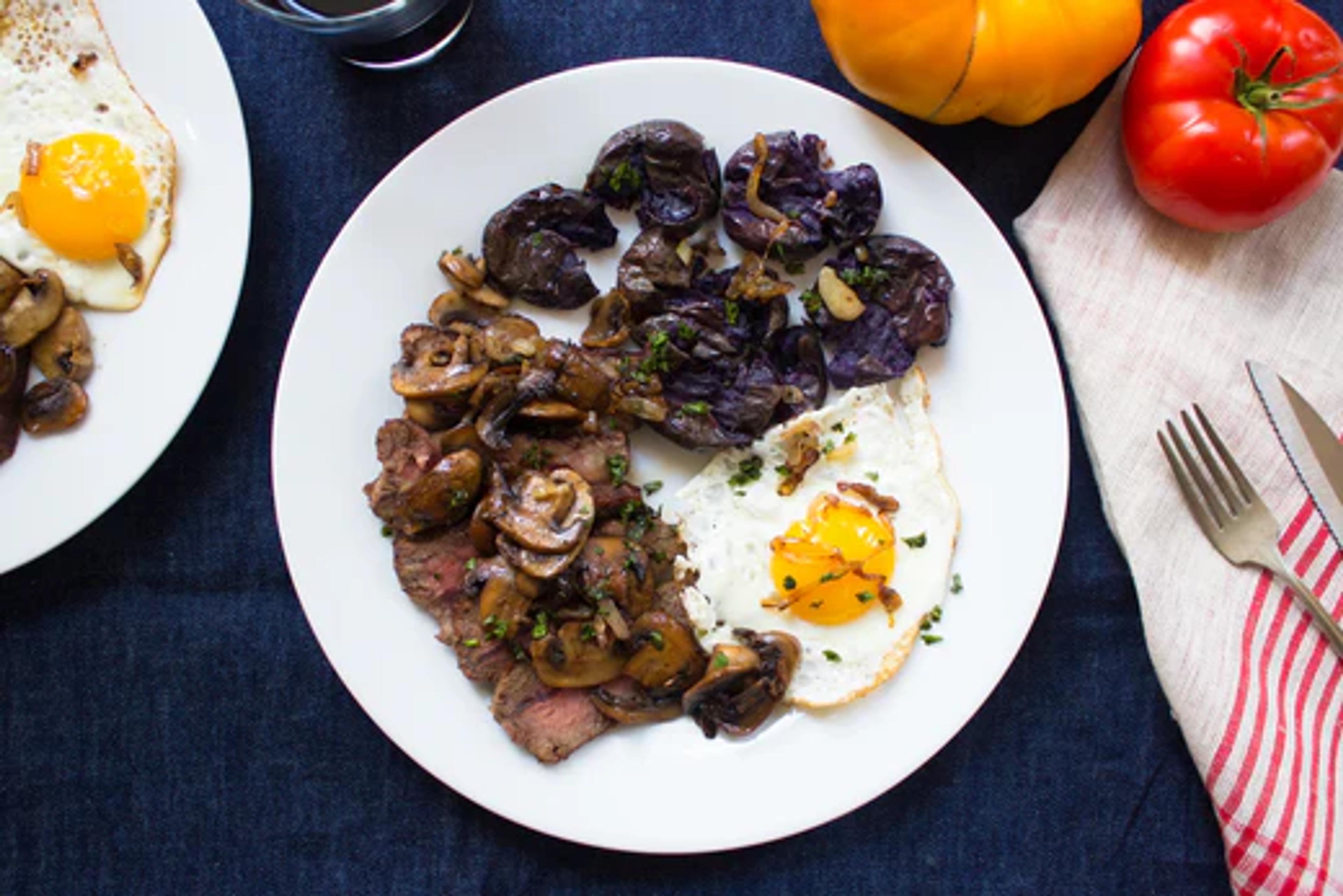 Flat Iron Steak and Eggs with Mushrooms and Smashed Potatoes