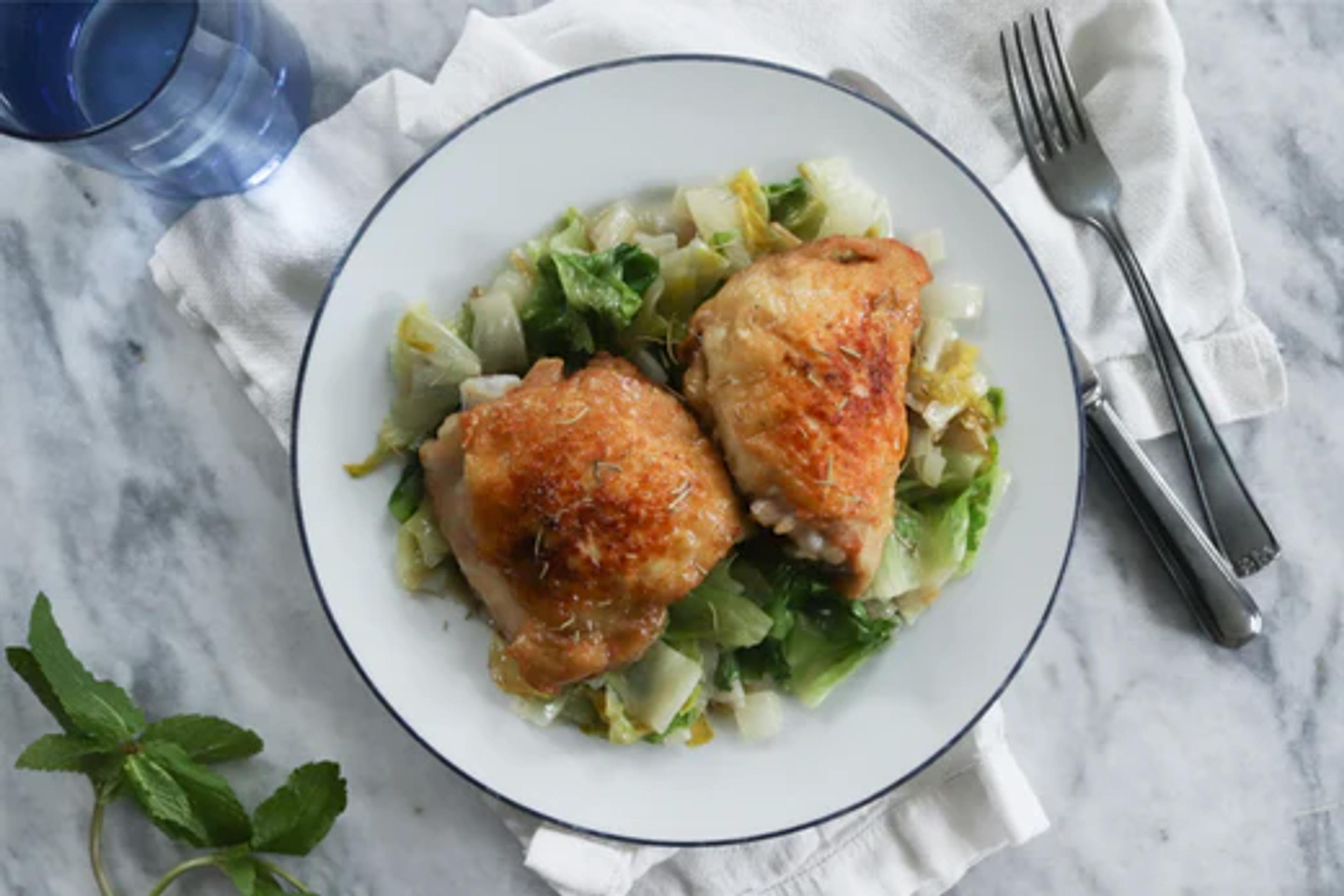 Crispy Chicken Thighs with Braised Napa Cabbage
