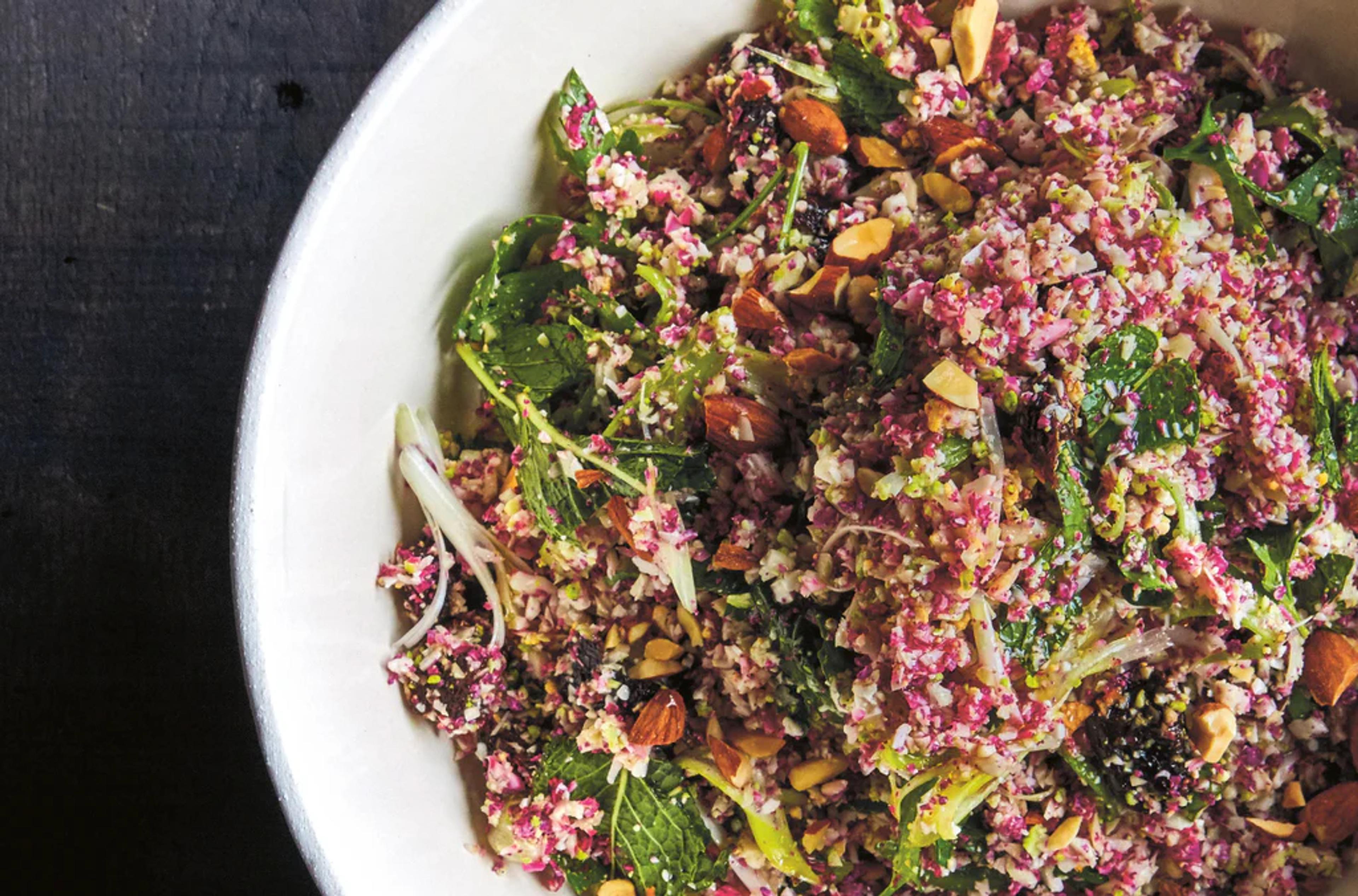 Raw “Couscous” Cauliflower with Almonds, Dried Cherries, and Sumac