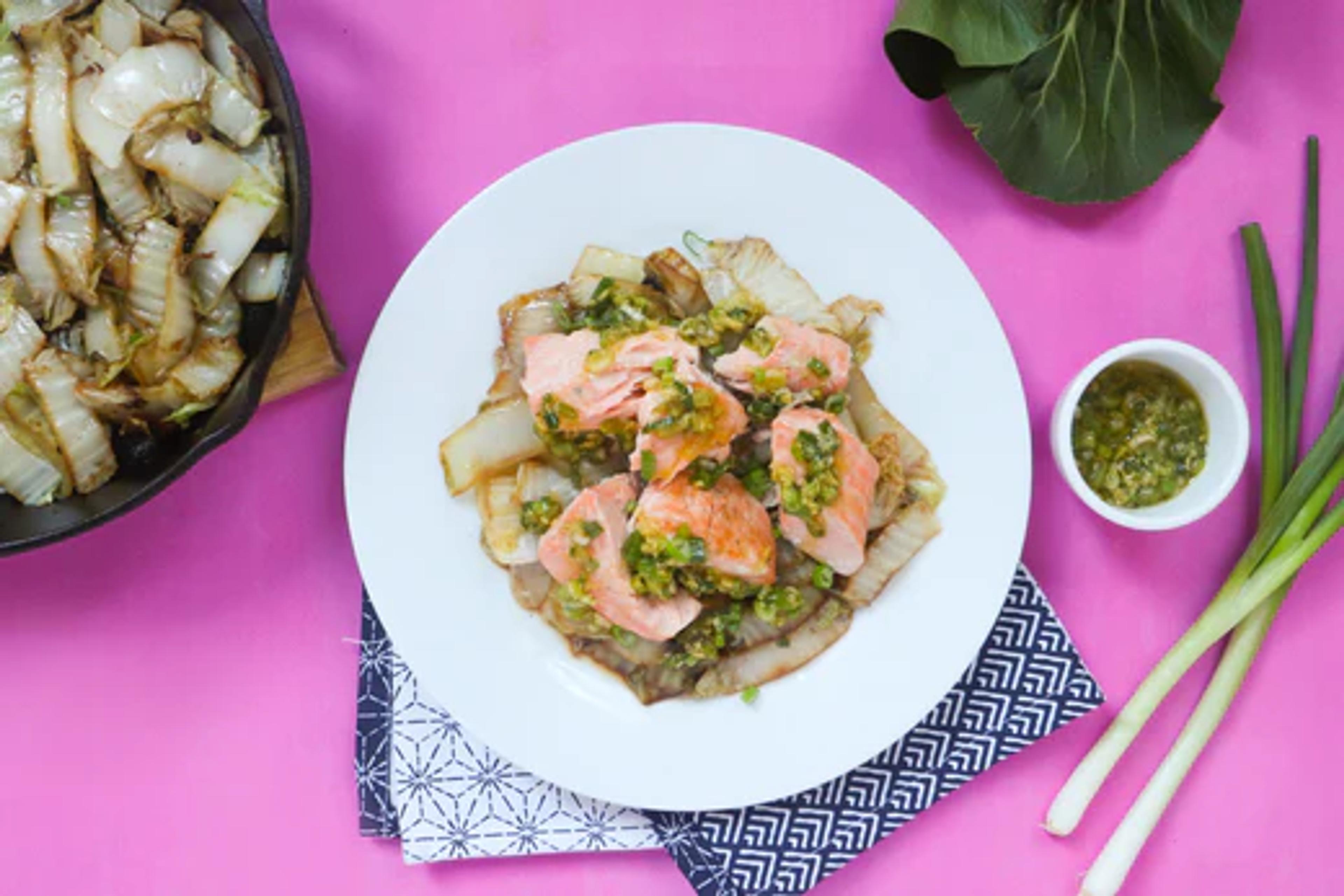 Crispy Salmon with Napa Cabbage and Ginger Scallion Sauce