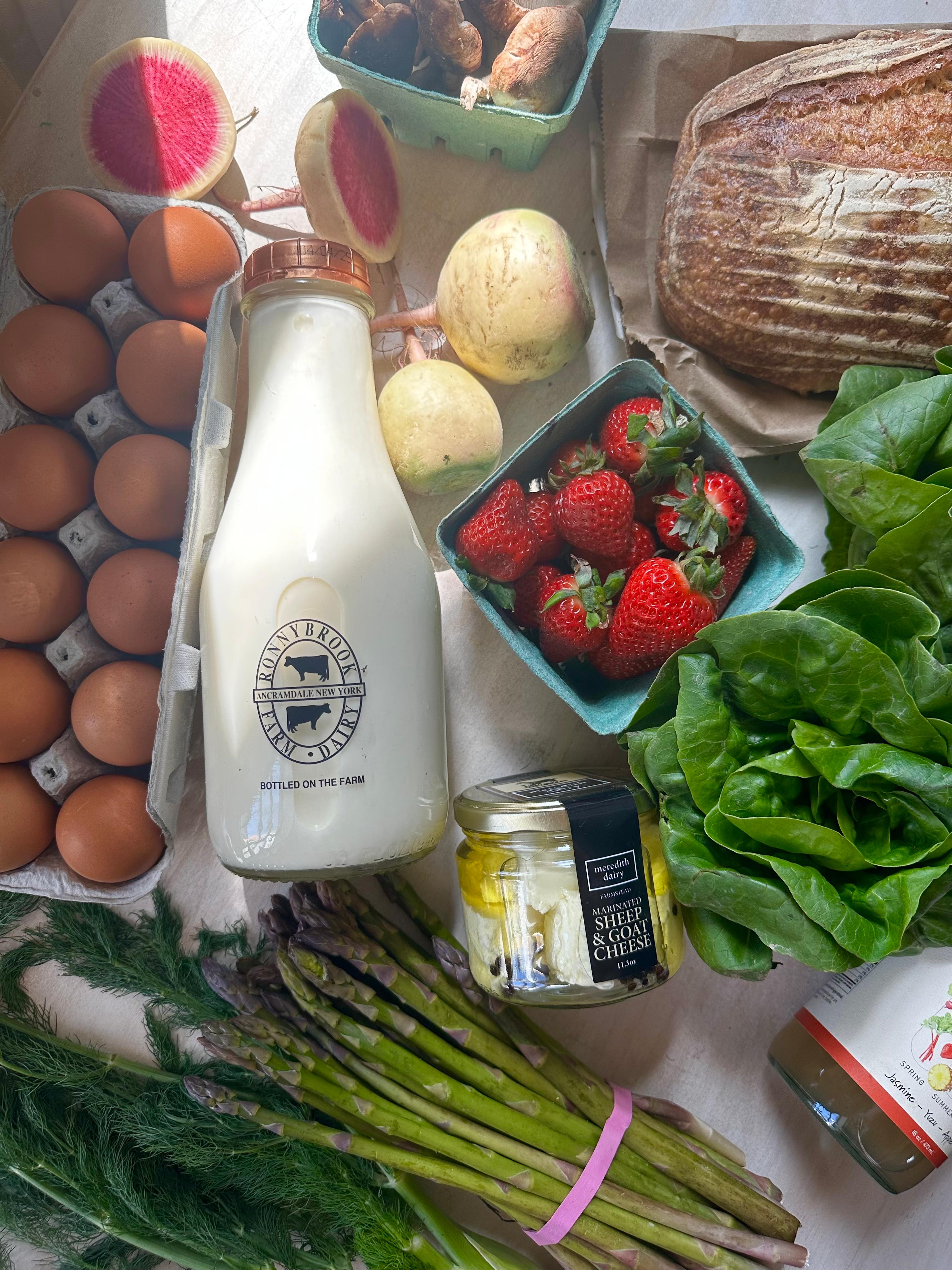 milk, eggs and strawberries