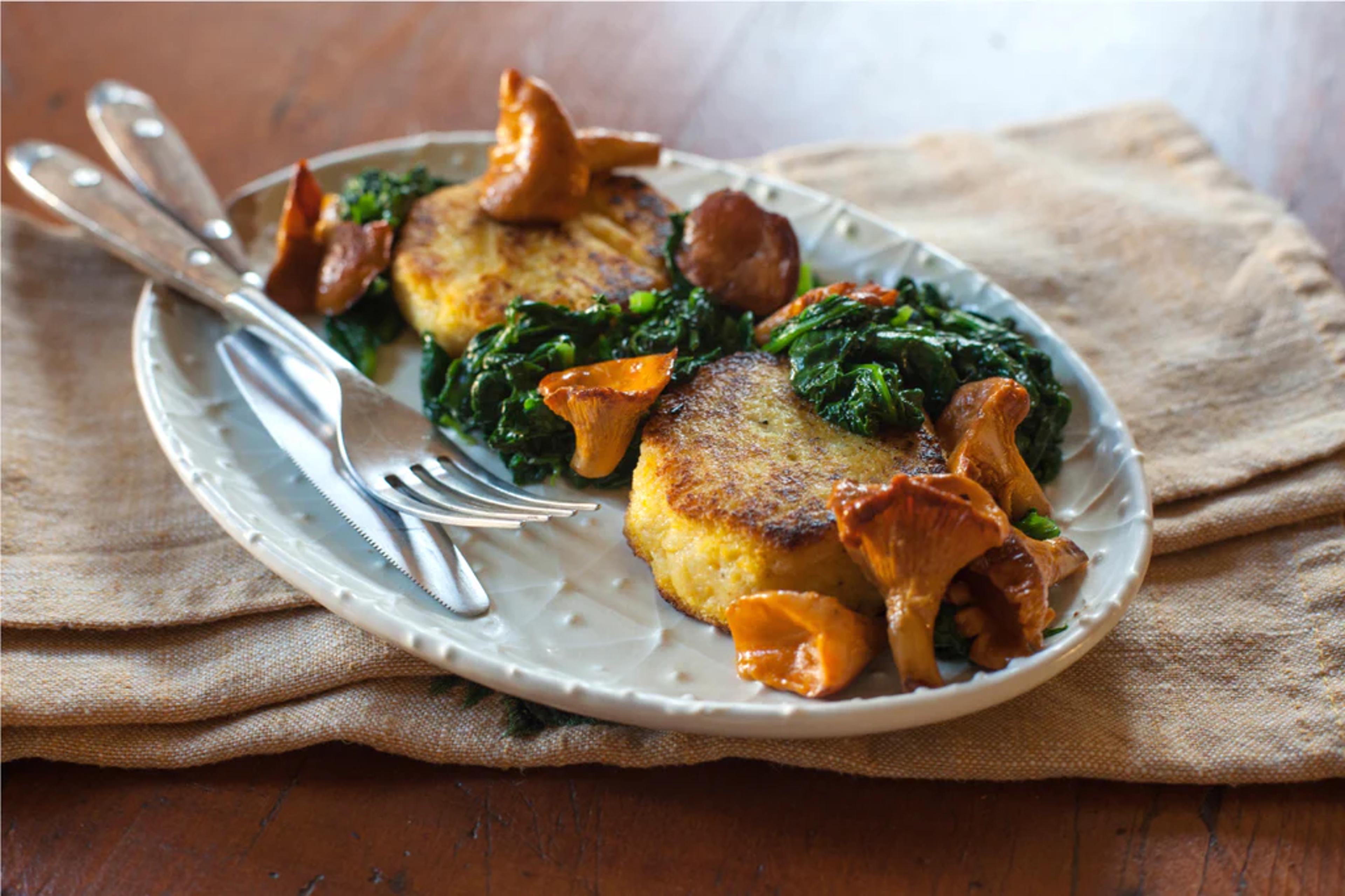 Polenta cakes with Sautéed Spinach & Yellow Foot Mushrooms
