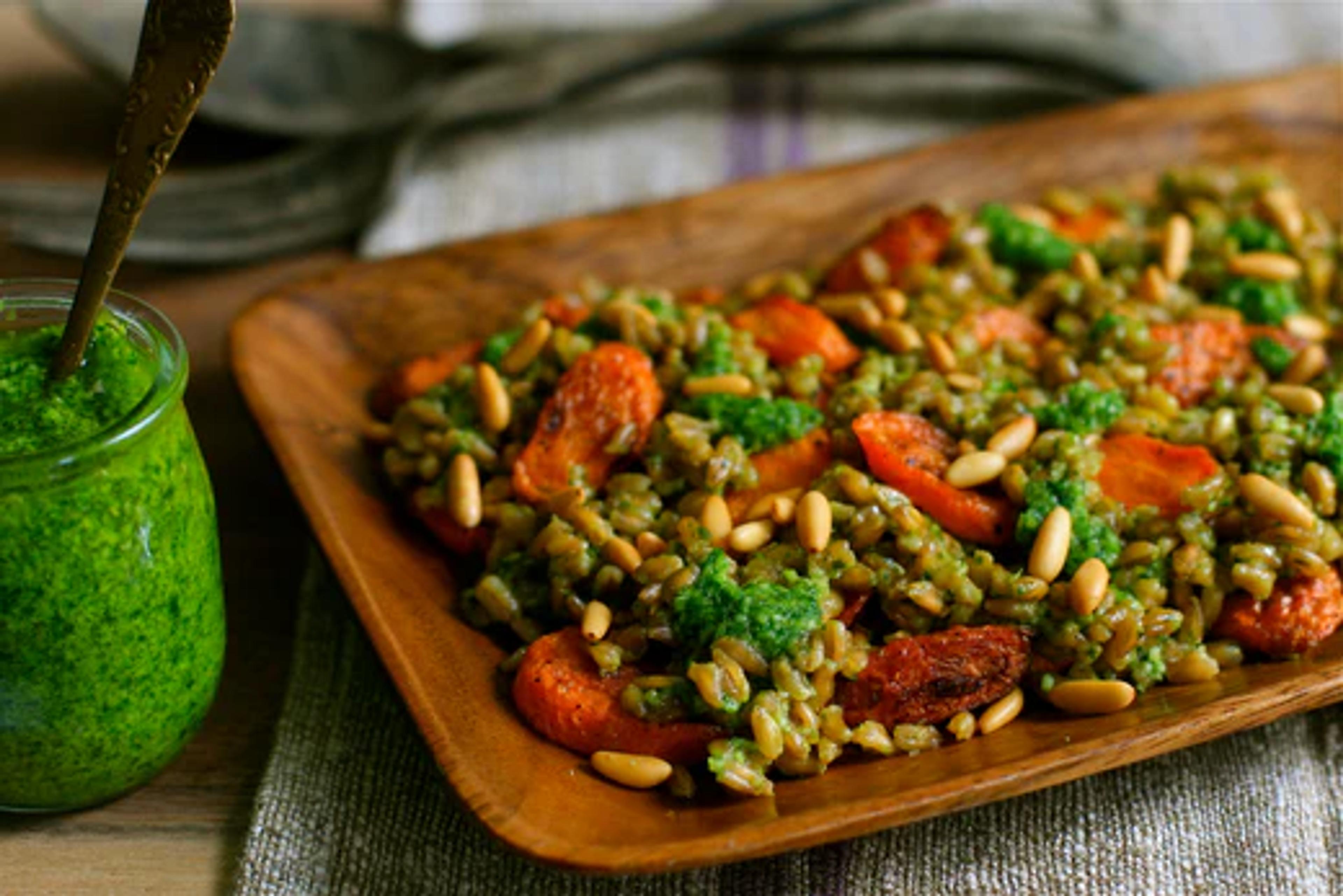 Farro Salad with Roasted Carrots and Carrot Top Pesto
