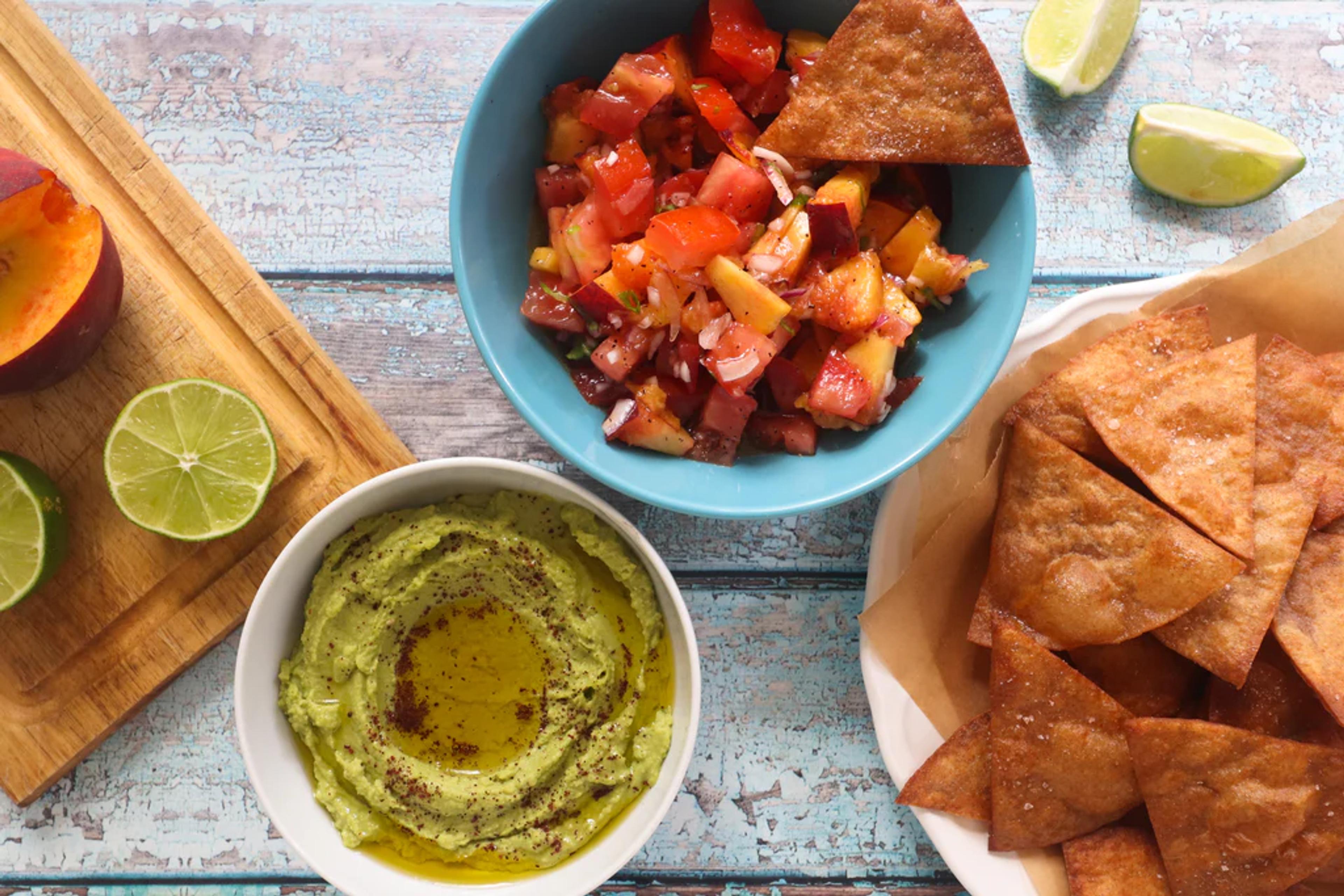 Homemade Tortilla Chips with Peach Salsa and Fava Bean Hummus
