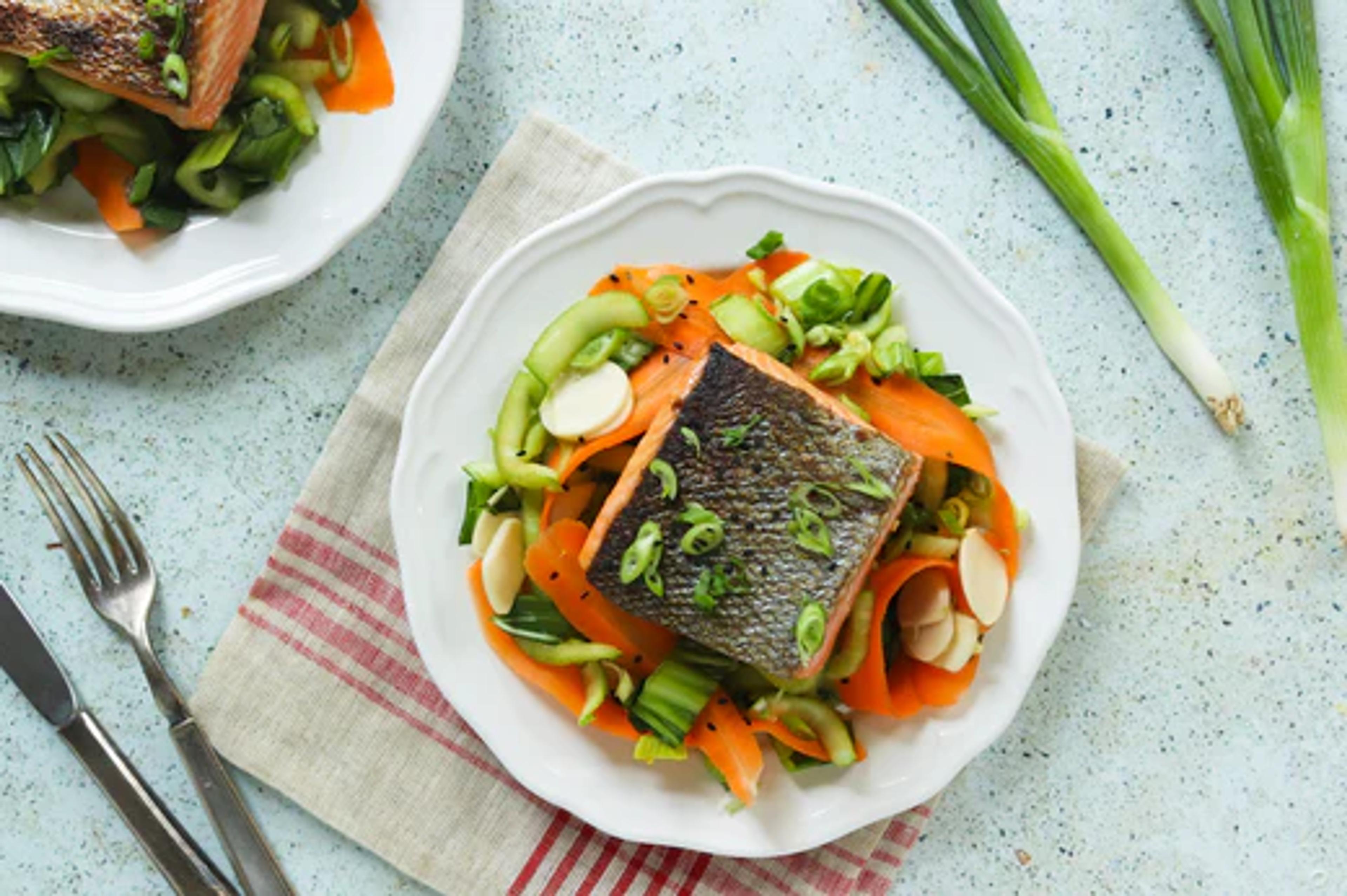 Crispy Skin Salmon with Bok Choy Carrot Slaw