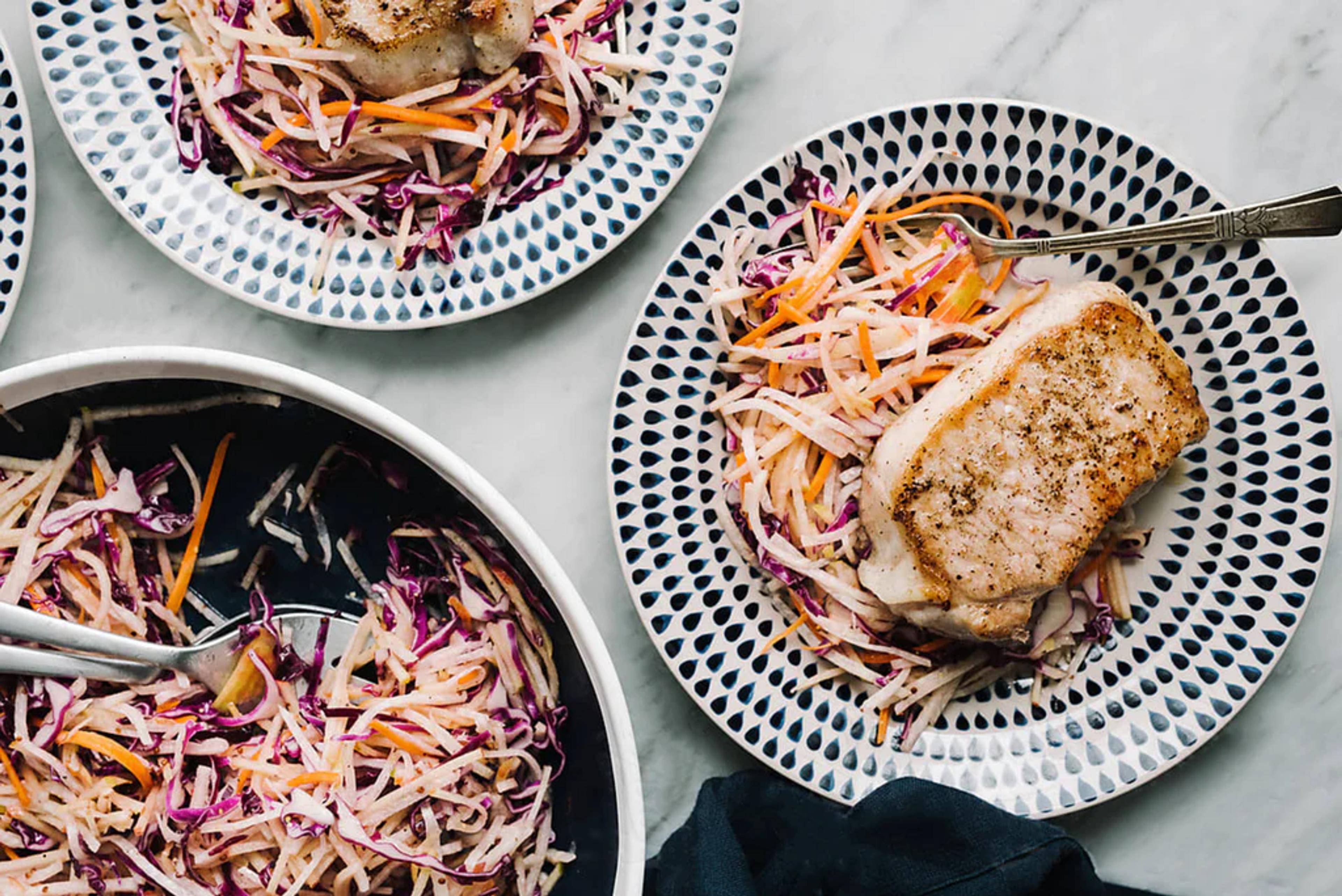 Pork Chops with Shredded Carrot Cabbage Slaw