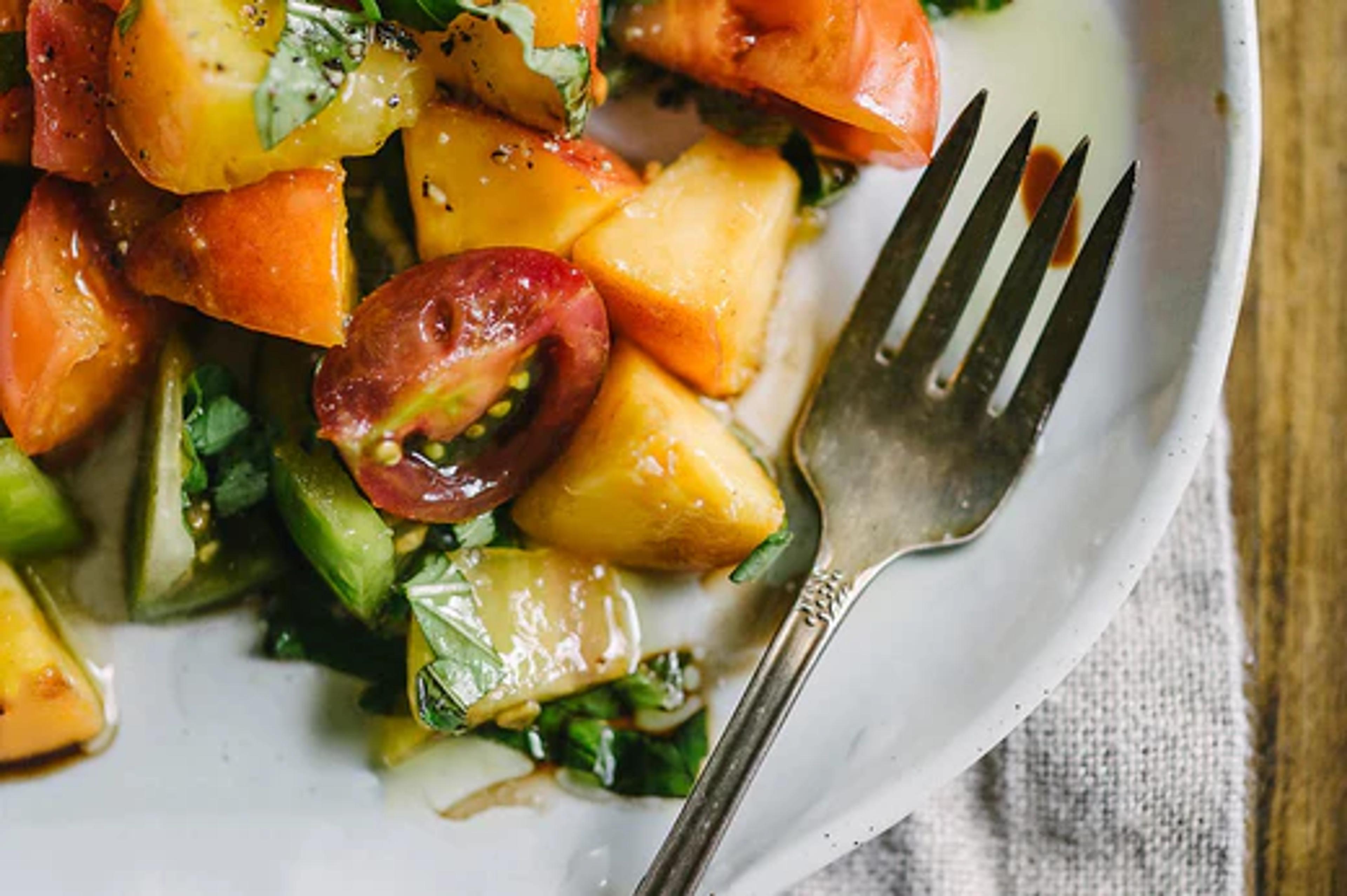 Cherry Tomato, Peach, and Lemon Cucumber Salad