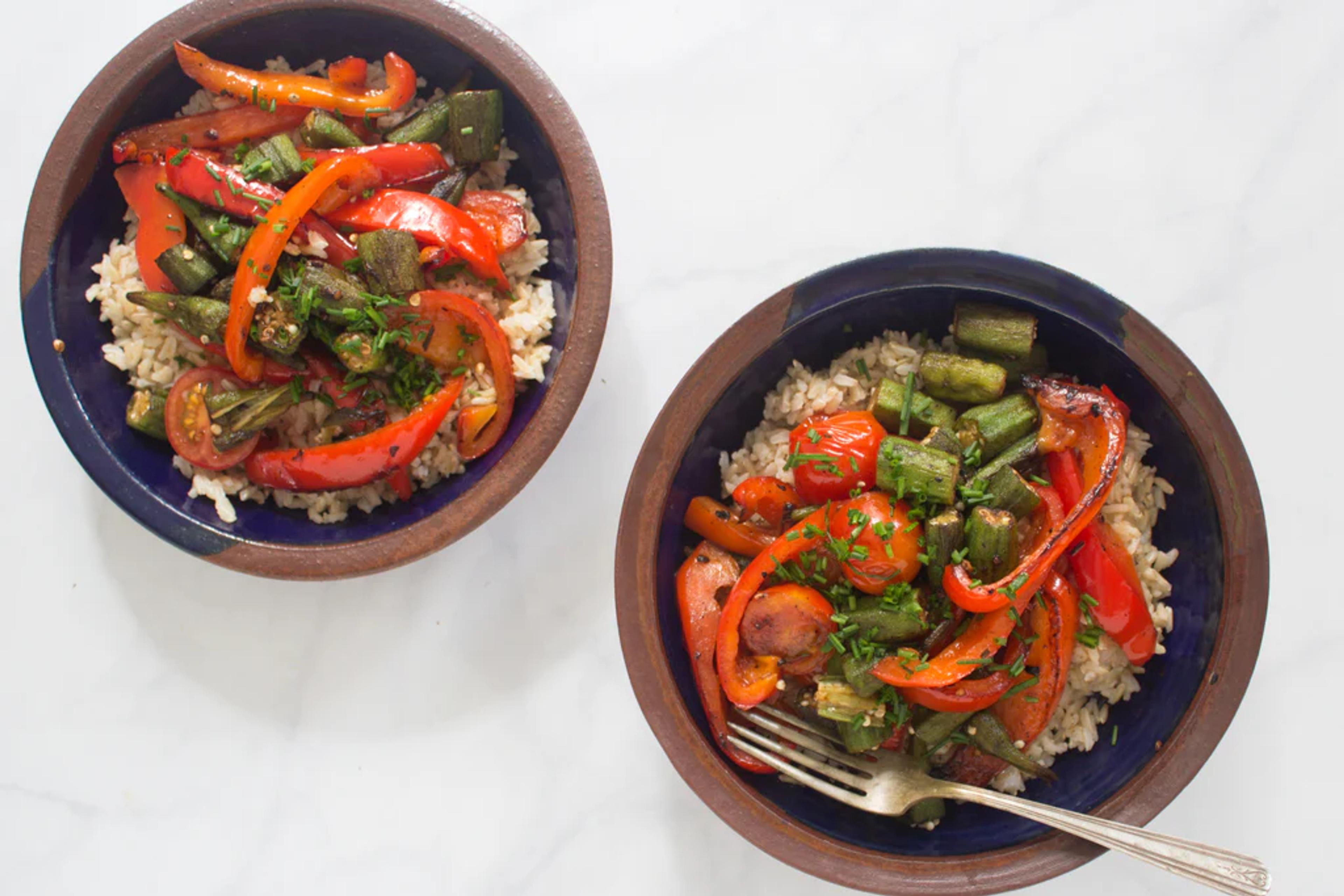 Okra and Peppers over Barley or Cauliflower "Rice"