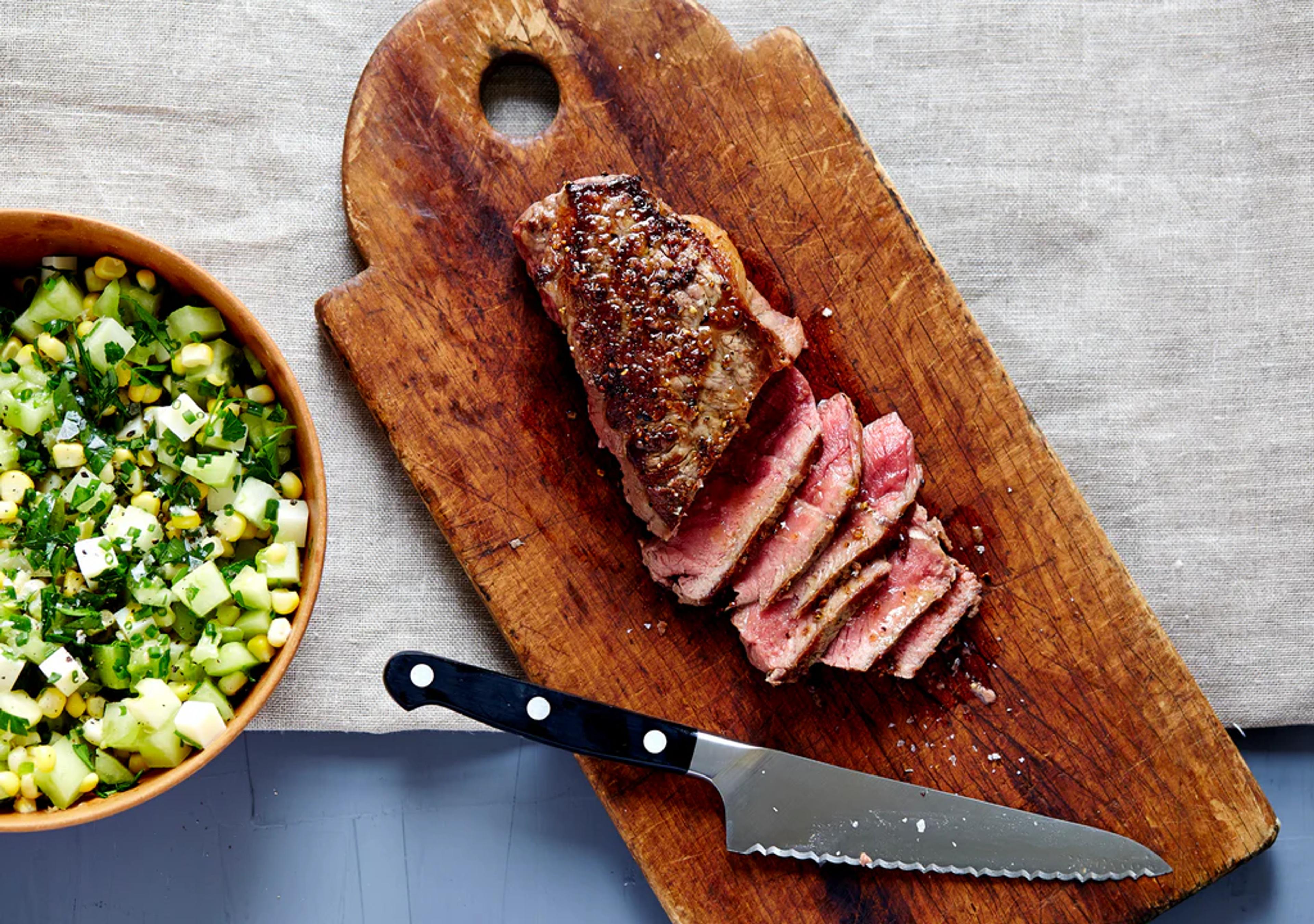 Pan-Seared Steak with Cucumber and Corn Salad