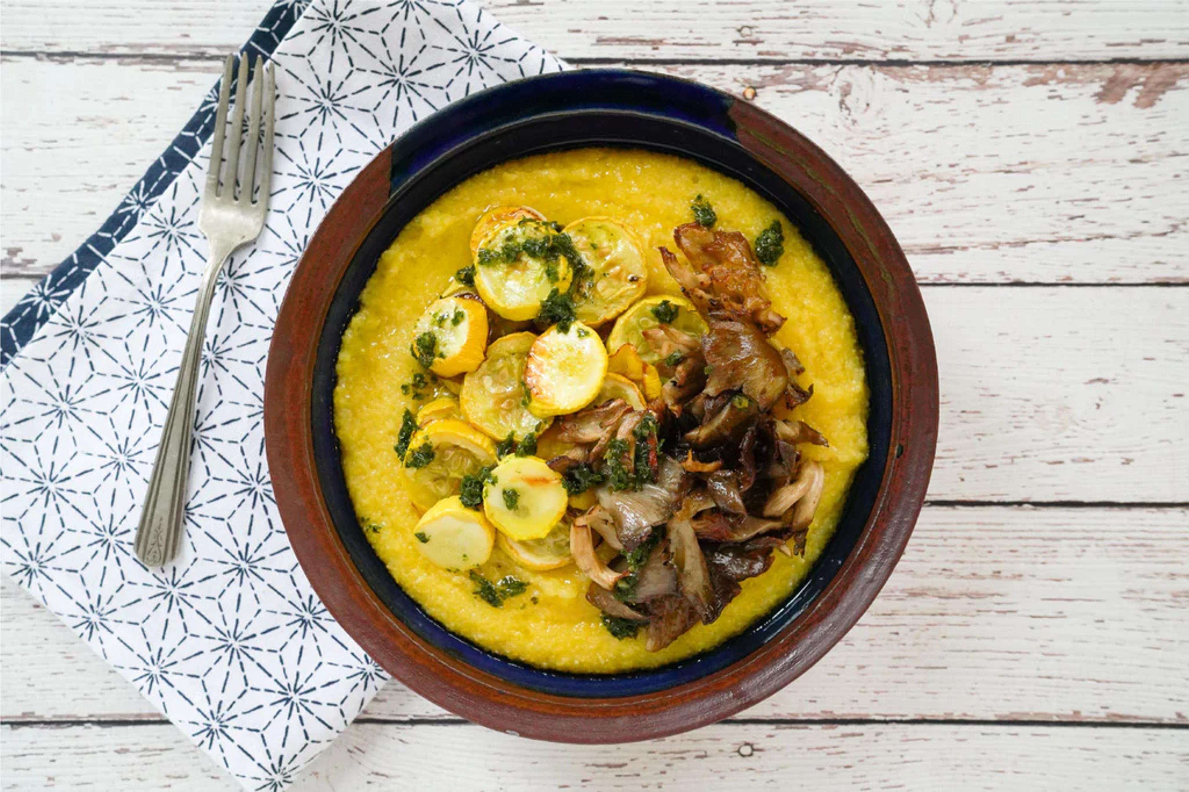Polenta with Lion’s Mane Mushrooms and Zucchini
