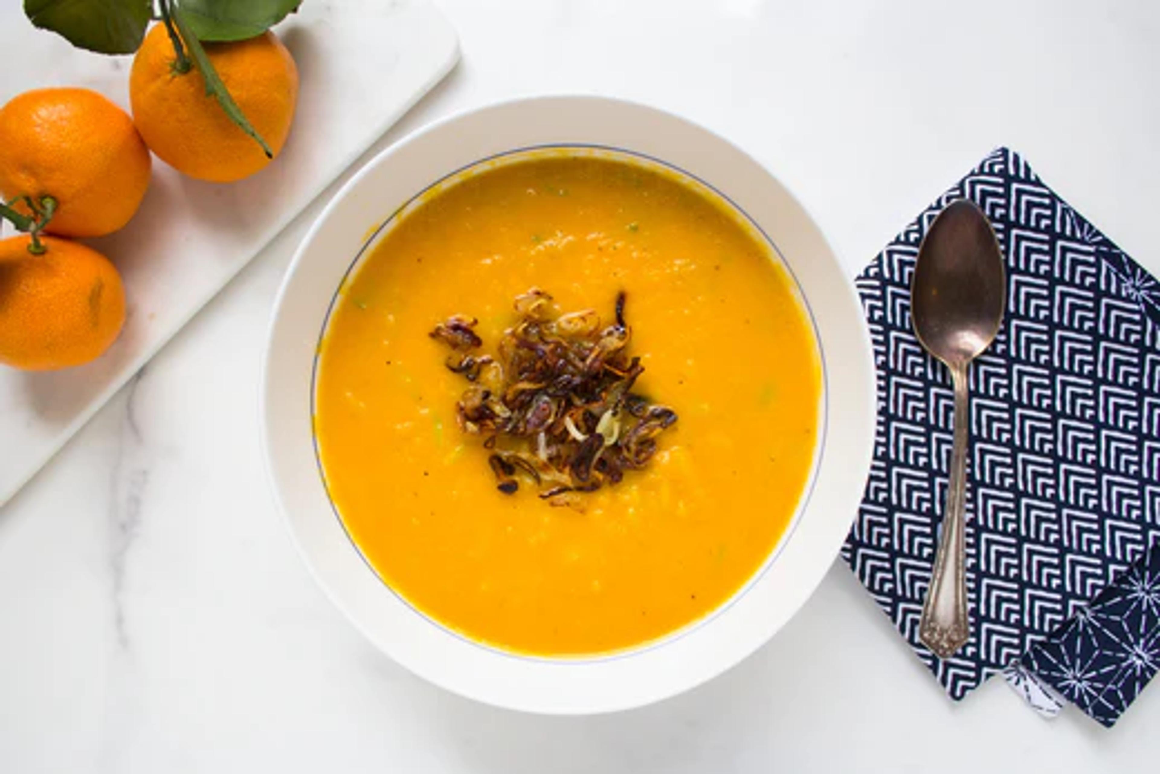 Creamy Sweet Potato Soup with Crispy Shallots