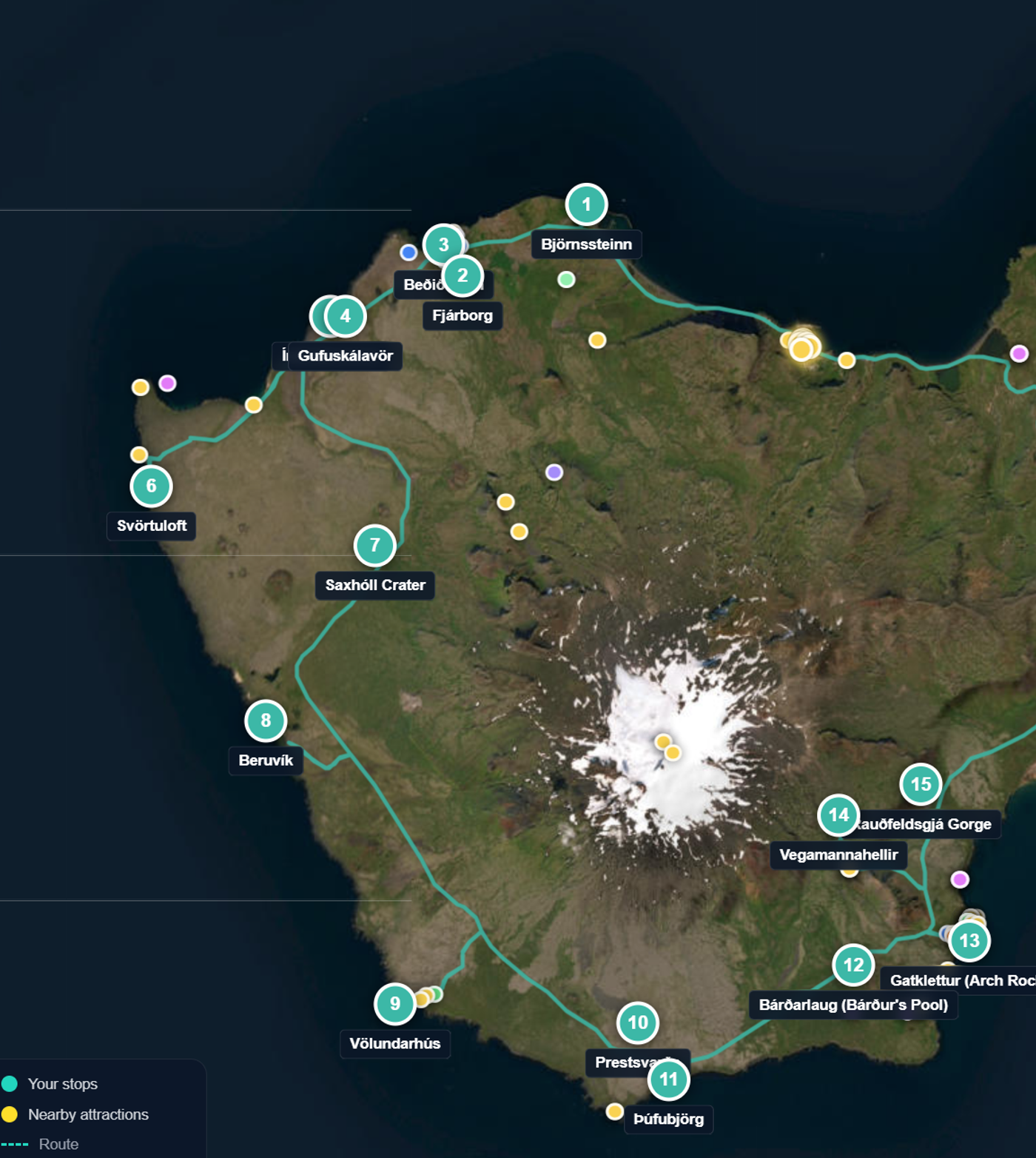Our 15-stop Snæfellsnes road trip route planned in the GoIceTravel Trip Planner