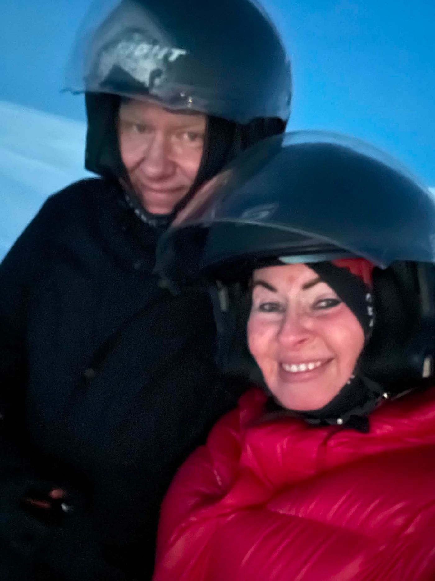 Snowmobiles lined up on Langjökull glacier before the ride