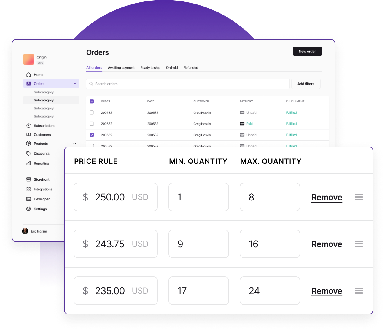 User interface of a dashboard where users can control pricing rules