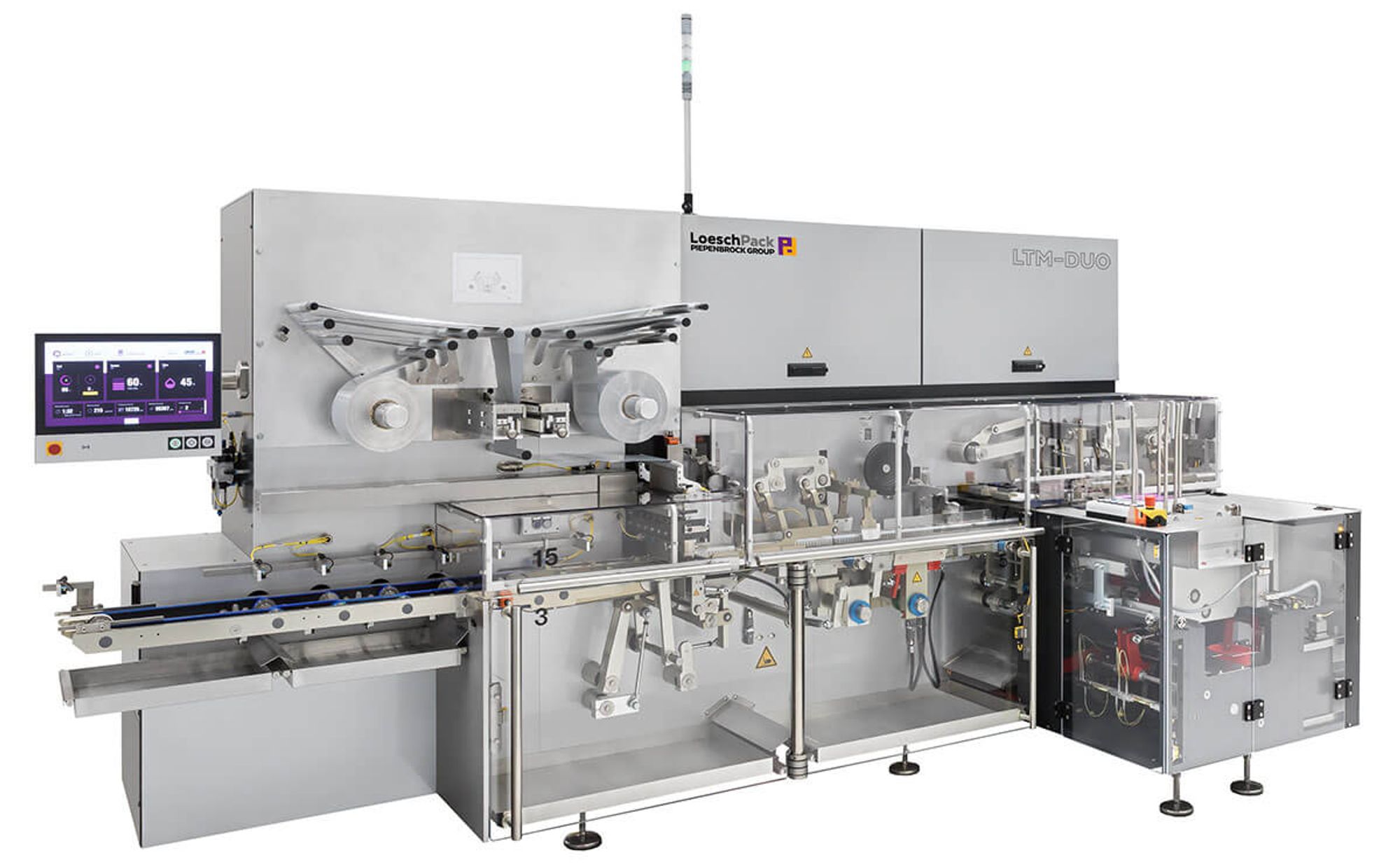 A LoeschPack LTM-DUO fold wrapping machine set up for tablets.