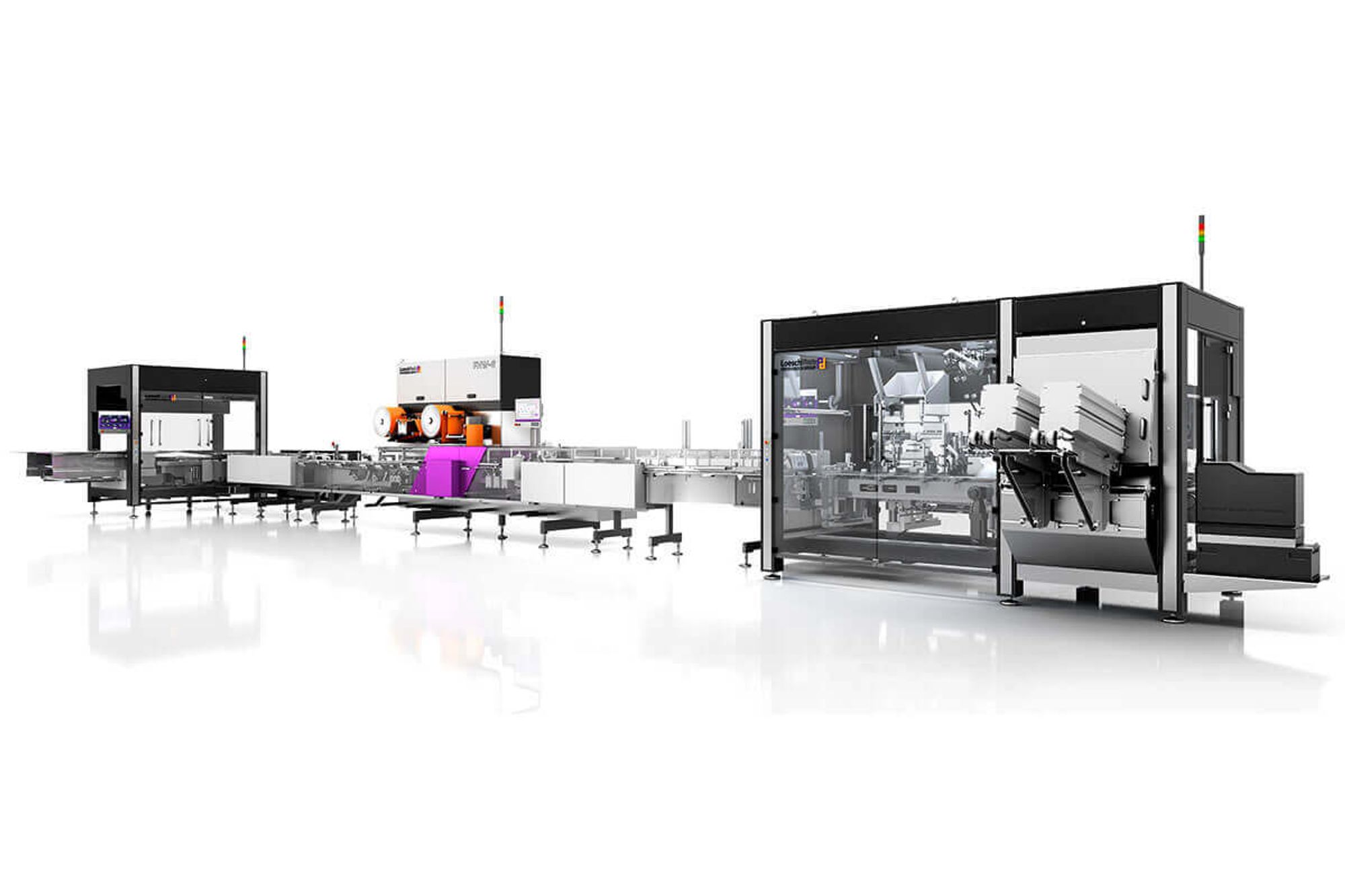 A typical LoeschPack packaging line - feeding, wrapping & cartoning.