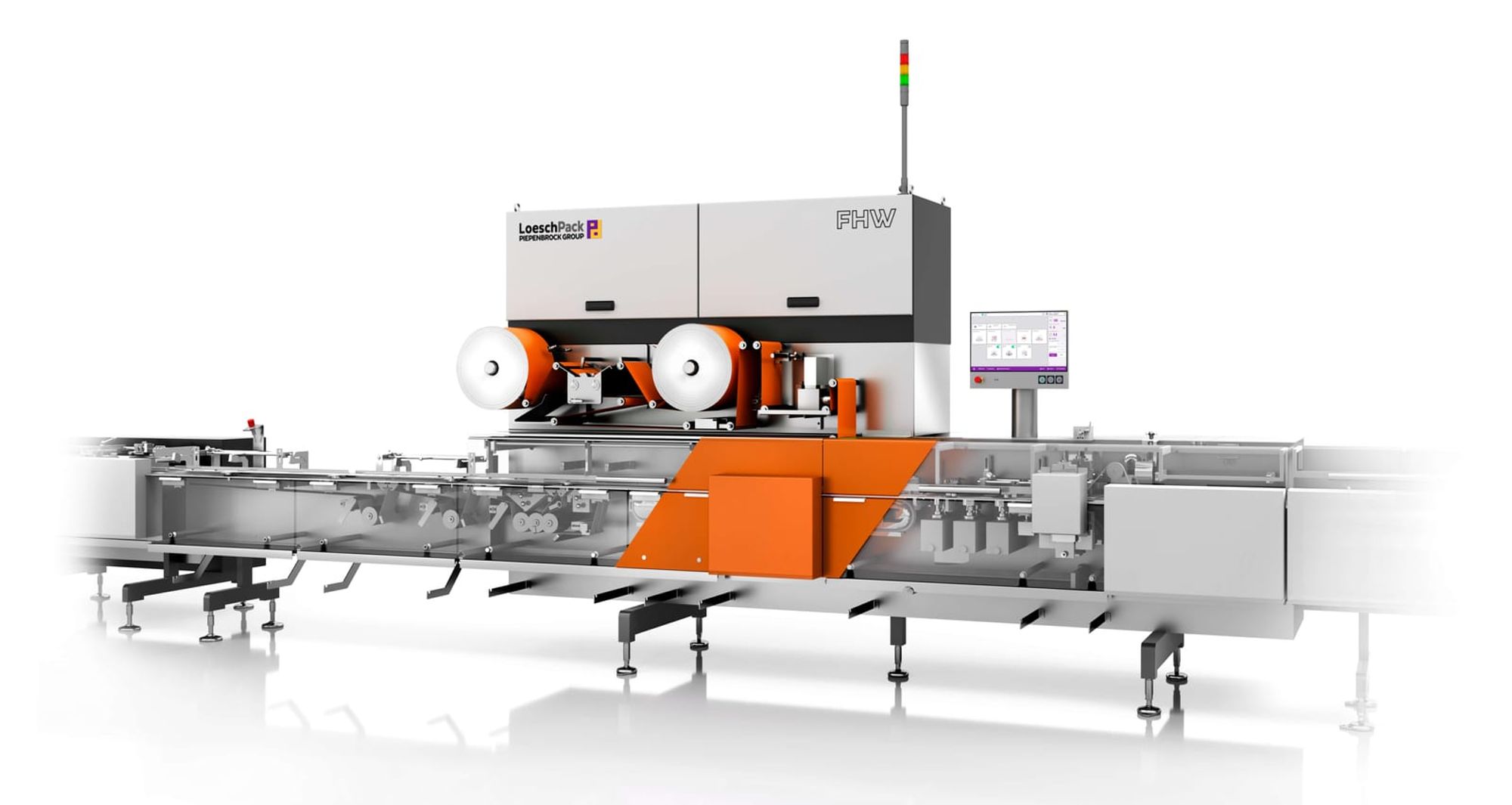 A LoeschPack horizontal flow wrapper running on a production line.