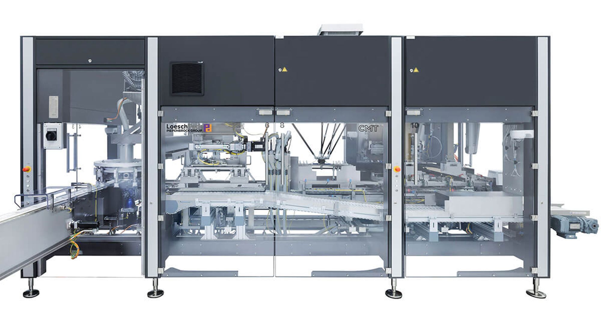 A LoeschPack cartoning machine loading wrapped product into folded cartons.