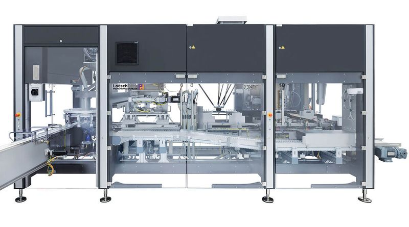 A LoeschPack cartoning machine loading wrapped product into folded cartons.