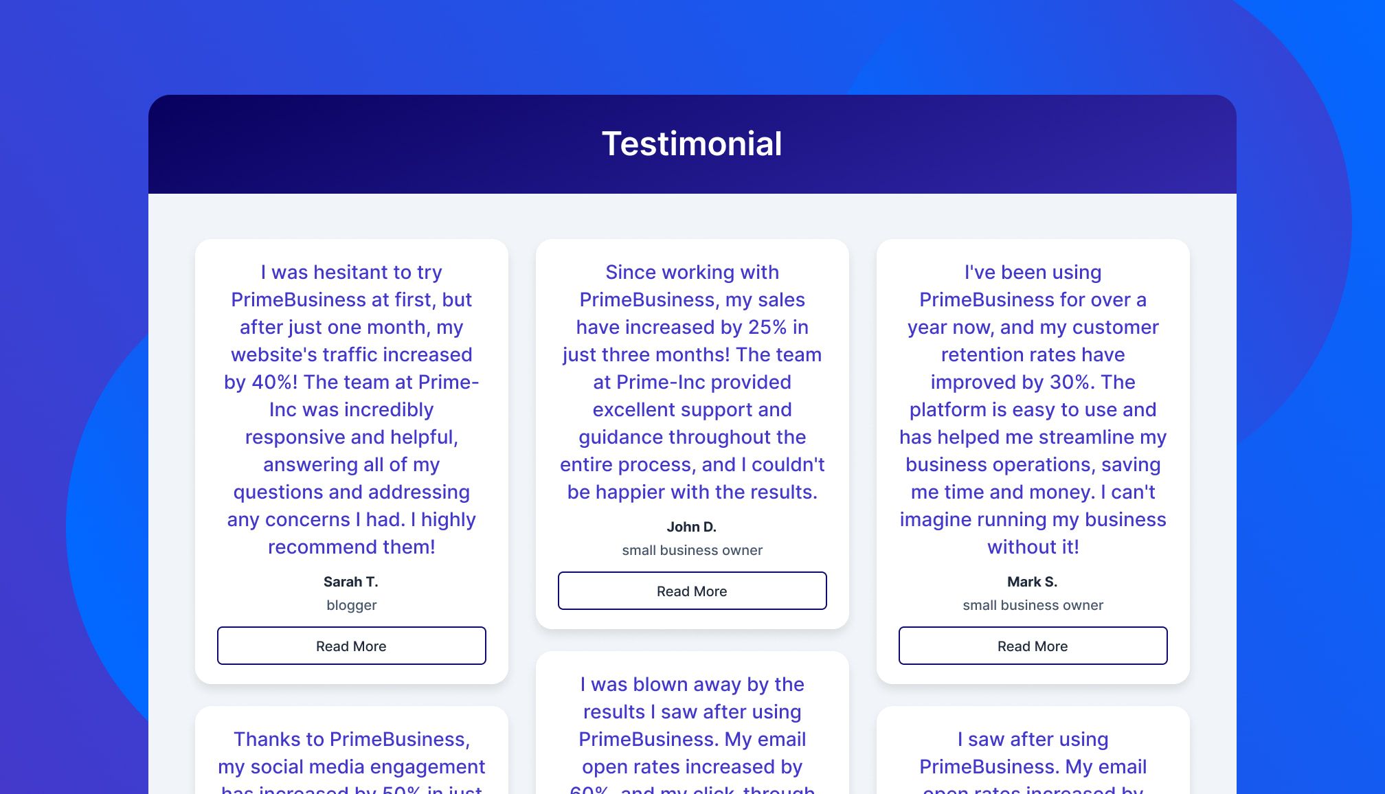 Beautiful testimonial page featuring case study excerpts