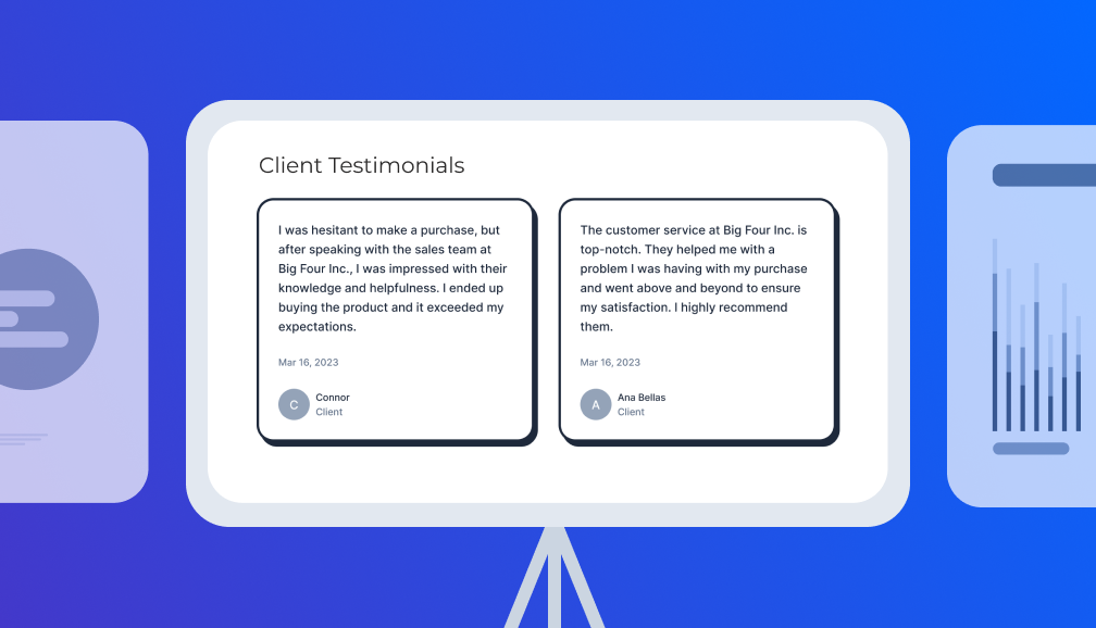 Presentation that incorporates client testimonials, with a slide displaying a relevant testimonial alongside the satisfied client details