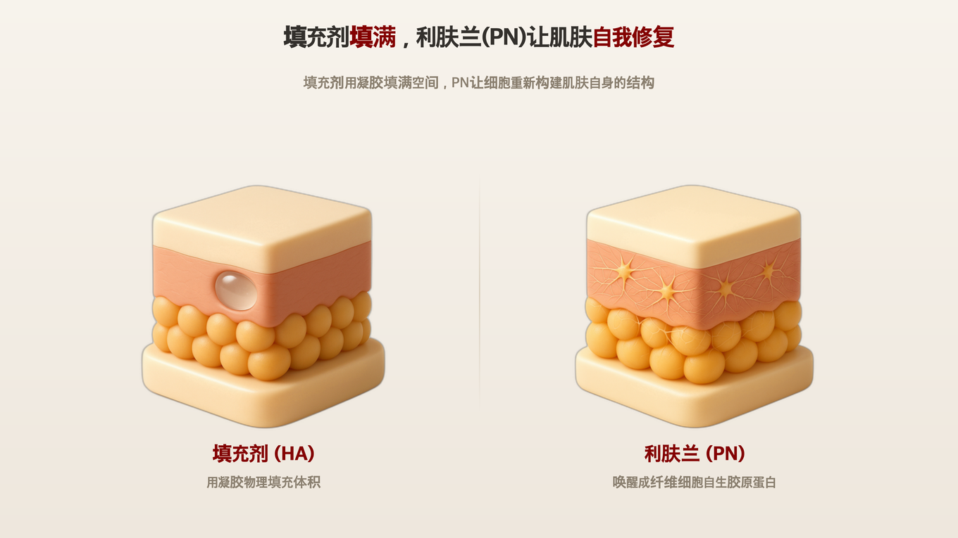 填充剂在真皮注入凝胶填充体积,而利肤兰的PN唤醒真皮成纤维细胞和胶原环境,促使自我修复