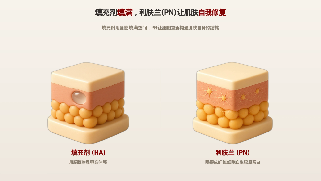 填充剂在真皮注入凝胶填充体积，而利肤兰的PN唤醒真皮成纤维细胞和胶原环境，促使自我修复