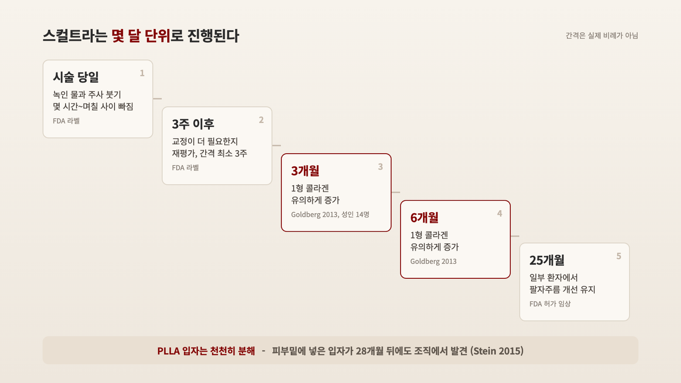 시술 당일 붓기가 며칠 사이 빠지고, 3주 뒤 재평가를 거쳐 3개월과 6개월째 1형 콜라겐 증가가 측정됐다