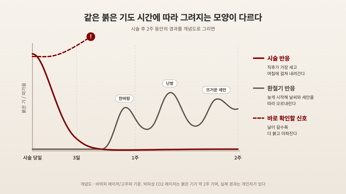 시술 반응과 환절기 반응의 경과를 비교한 곡선 그래프