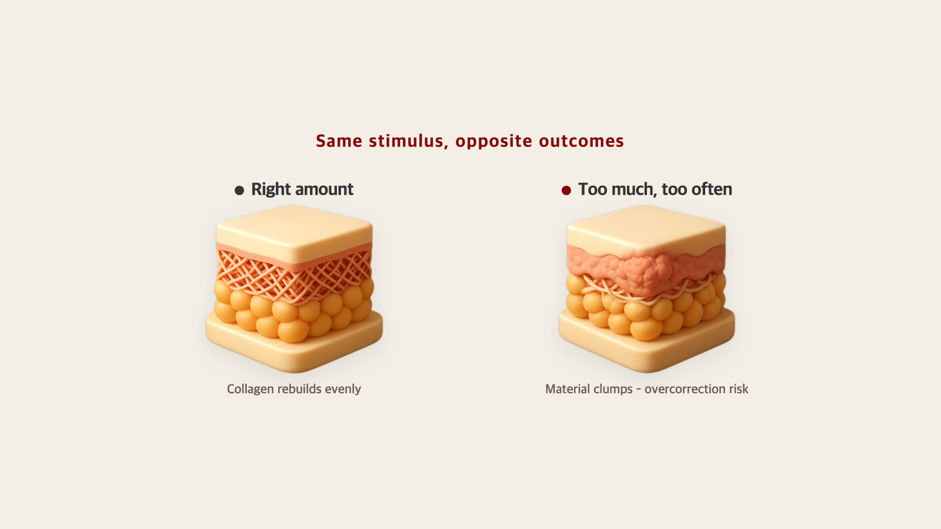 A cross-section model comparing two cases side by side: a dermis with collagen rebuilt evenly under the right stimulation, and a dermis where the material clumps under excessive, frequent stimulation
