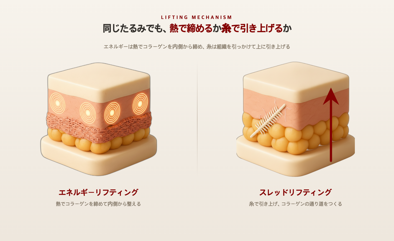 エネルギーリフティングとスレッドリフティングが肌に作用する方式を比較した皮膚断面3Dモデル