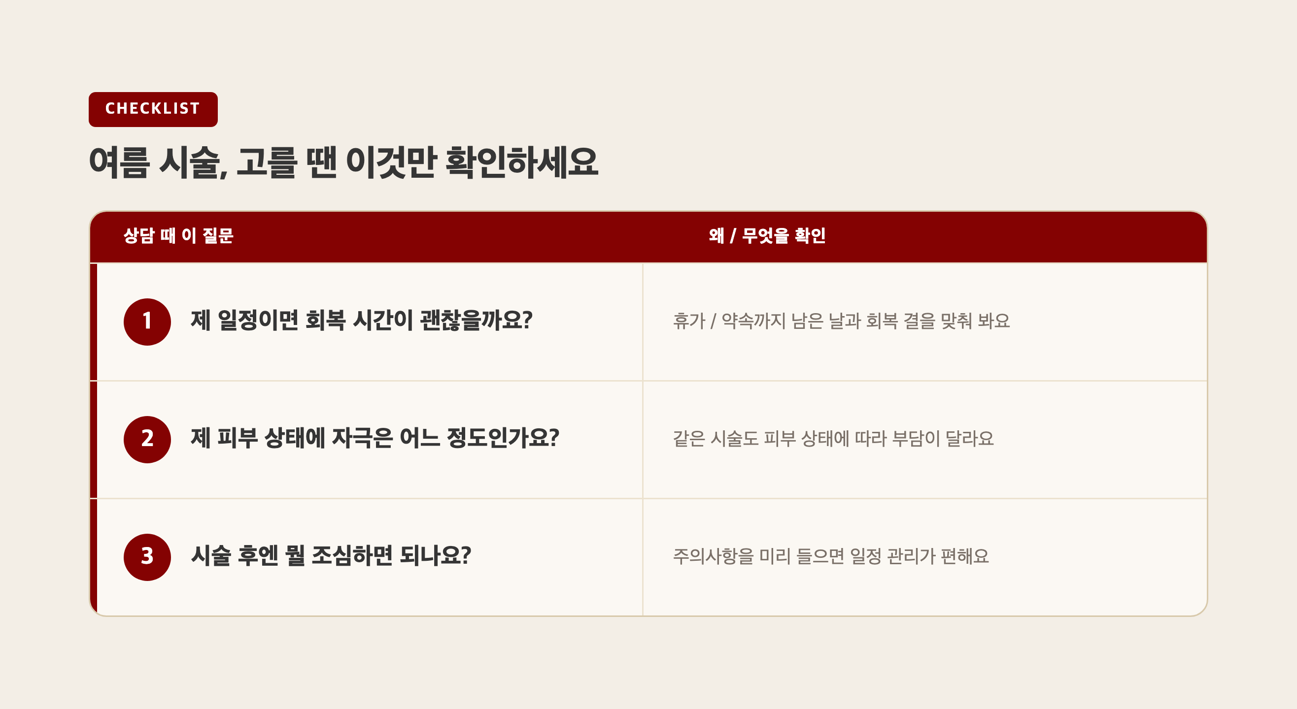 여름 시술을 고를 때 상담에서 확인할 세 가지 질문 표