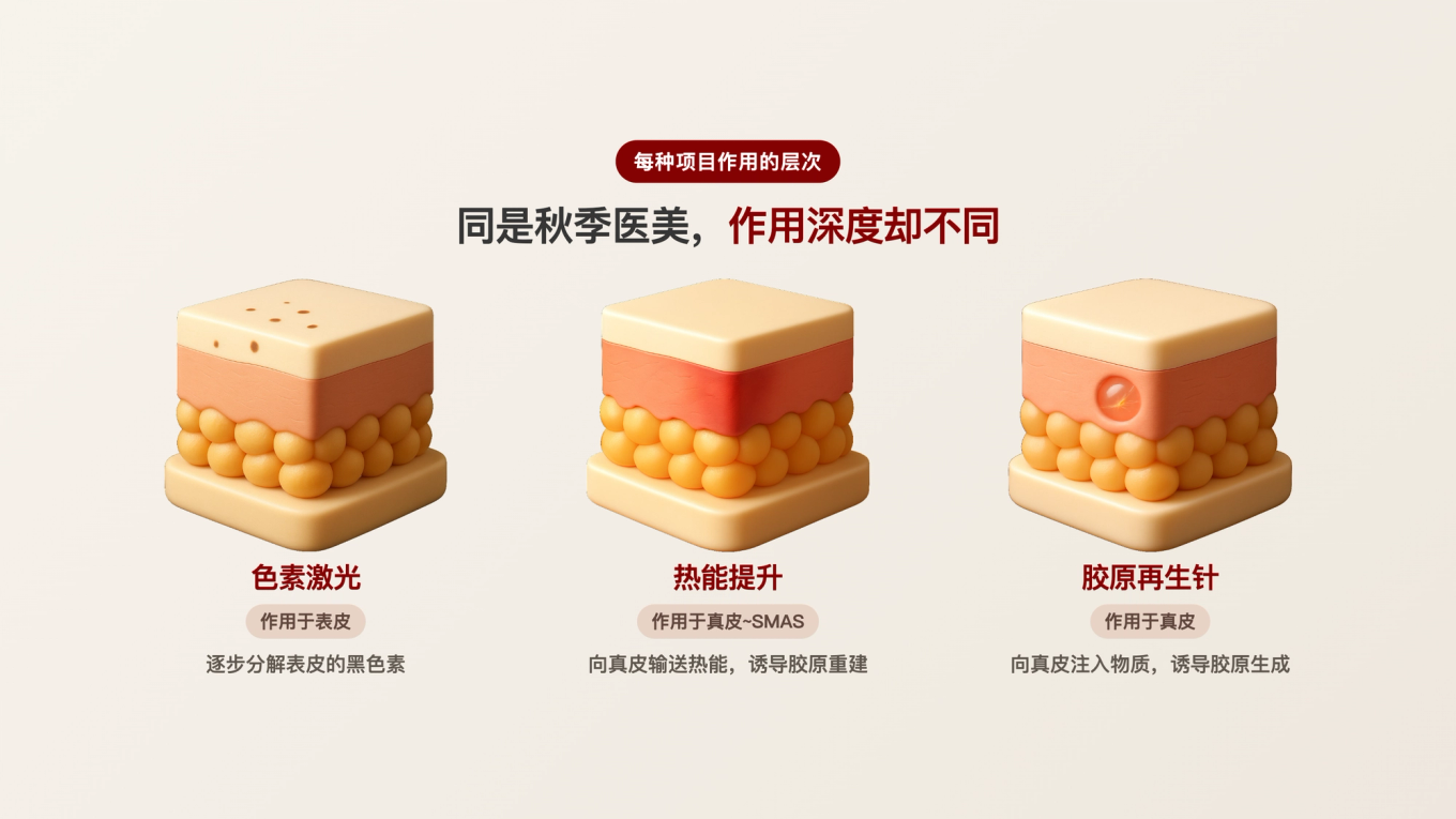 色素作用于表皮，热能提升作用于真皮和SMAS，胶原再生针则向真皮注入物质，作用深度各不相同