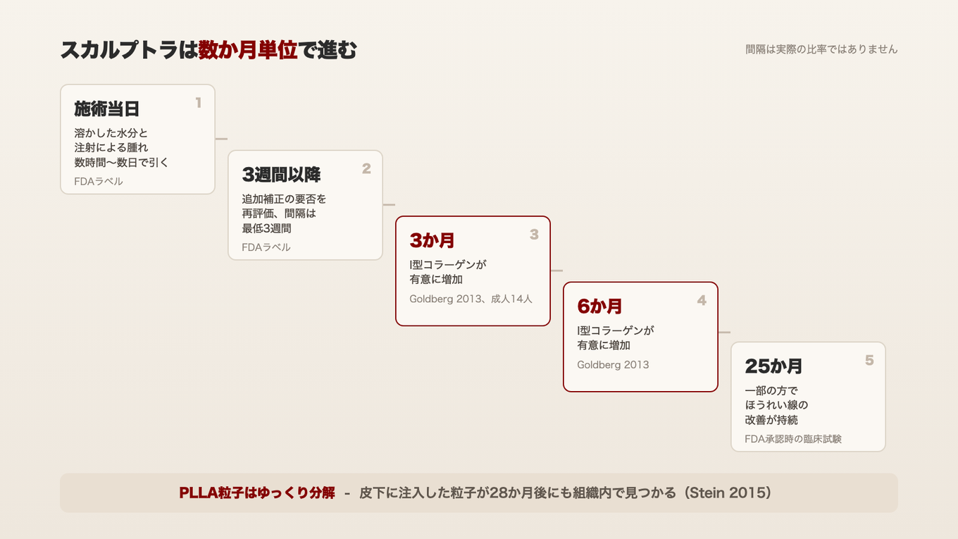 施術当日の腫れは数日で引き、3週間後の再評価を経て、3か月後と6か月後にI型コラーゲンの増加が測定された