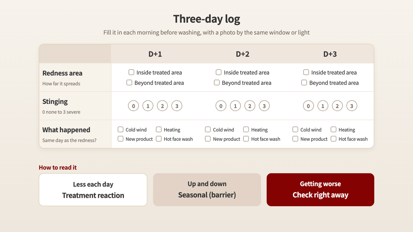 A three-day log for noting how far the redness spreads, how much it stings and what happened that day