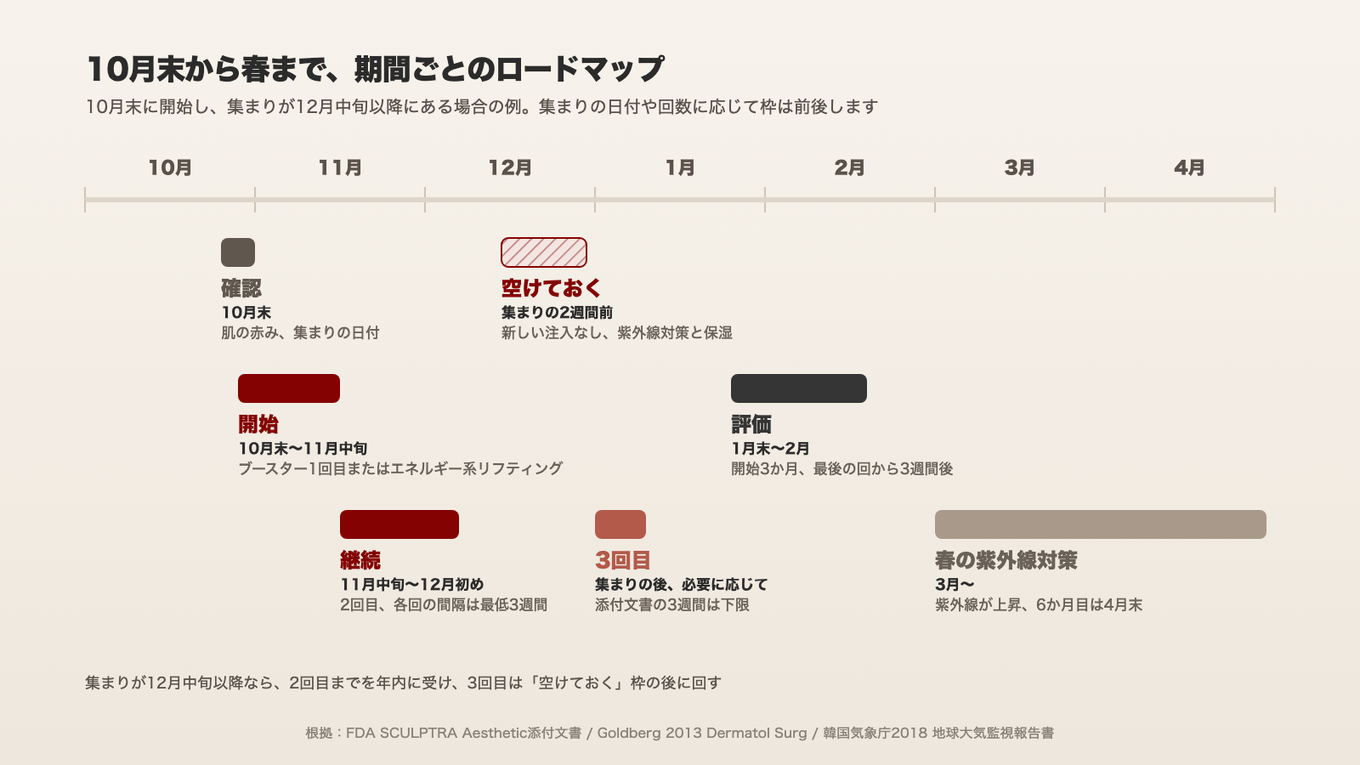 10月末の確認と開始、11月中旬から12月初めの継続、集まりの前2週間を空けて集まりの後に3回目、1月末からの評価、3月からの紫外線対策強化へと続くロードマップ