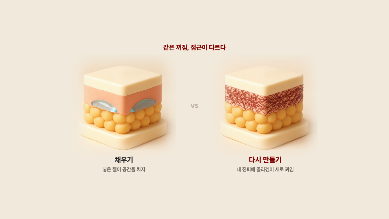 왼쪽은 진피/피하에 필러 젤이 자리 잡아 꺼진 공간을 채운 단면, 오른쪽은 진피에 새 콜라겐 그물이 촘촘히 다시 짜인 단면 - 채우는 방식과 다시 만드는 방식의 차이