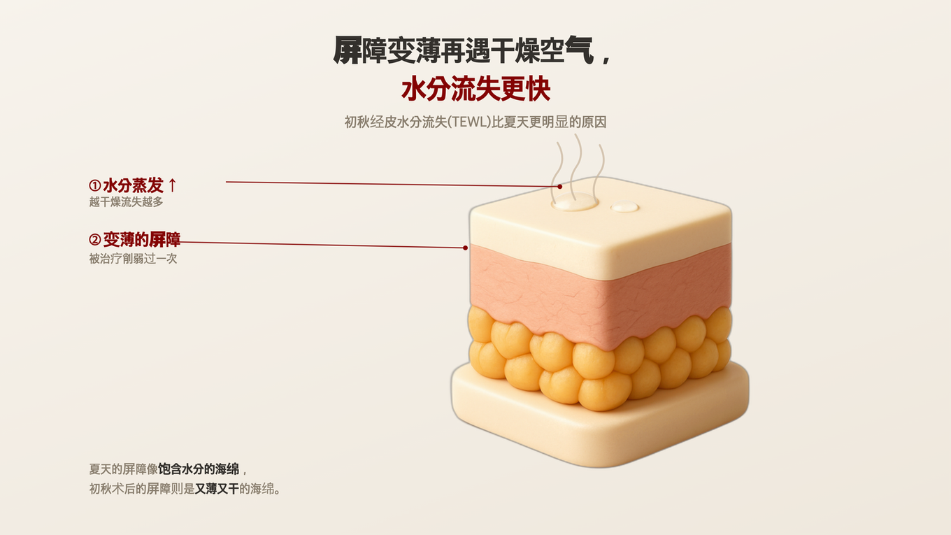 术后恢复中的皮肤屏障在干燥空气中丢失更多水分的原理展示，3D皮肤剖面模型
