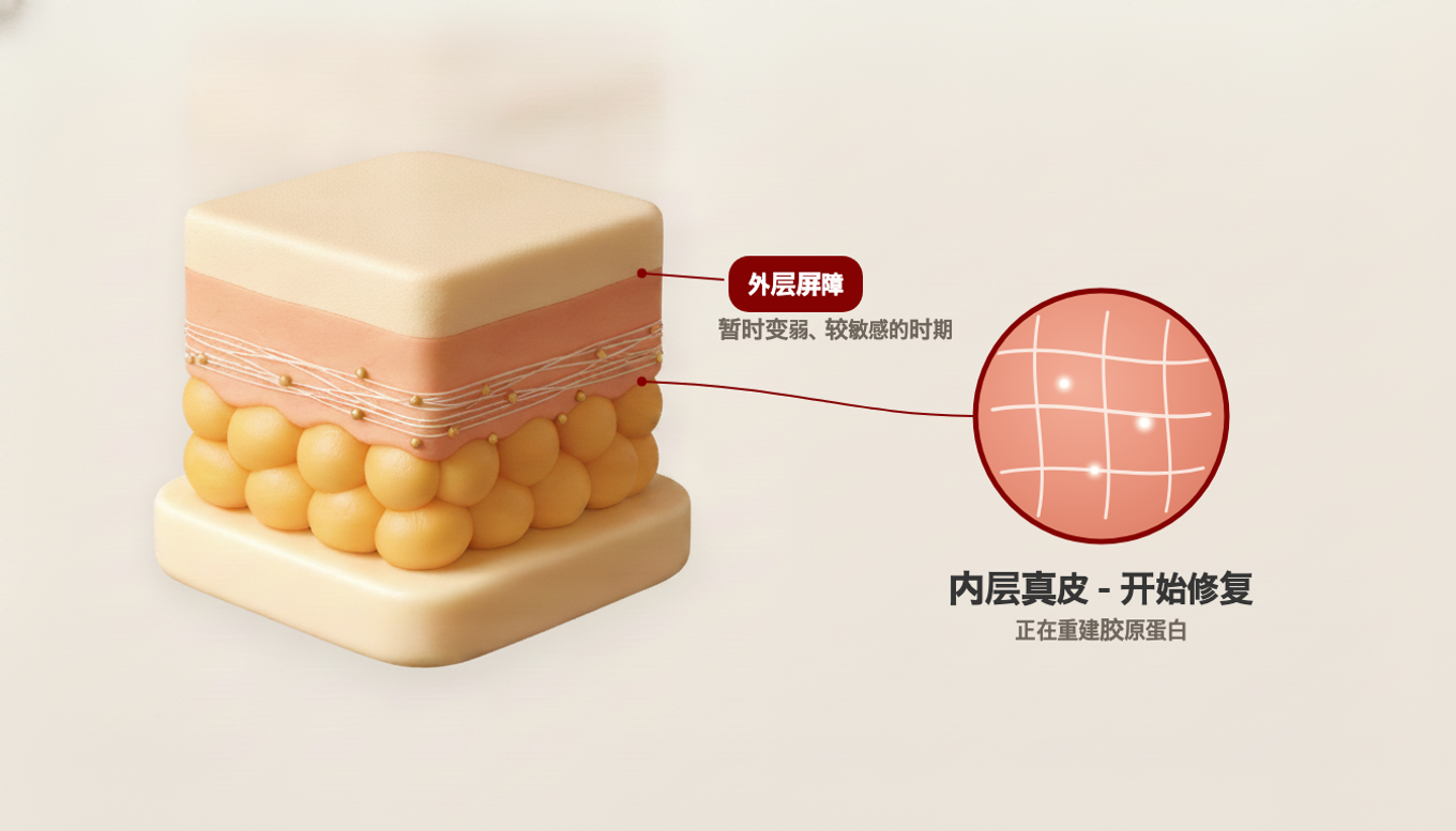 术后皮肤进入修复期：内层真皮开始重建胶原，外层屏障暂时变弱，需要守护这个修复窗口