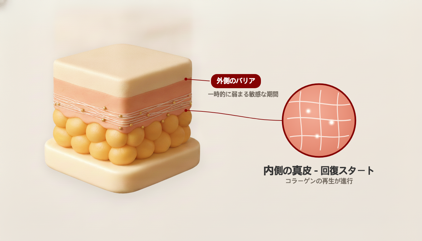 施術直後、内側の真皮でコラーゲンの回復が始まる一方、外側のバリアが一時的に弱まる回復期に入る